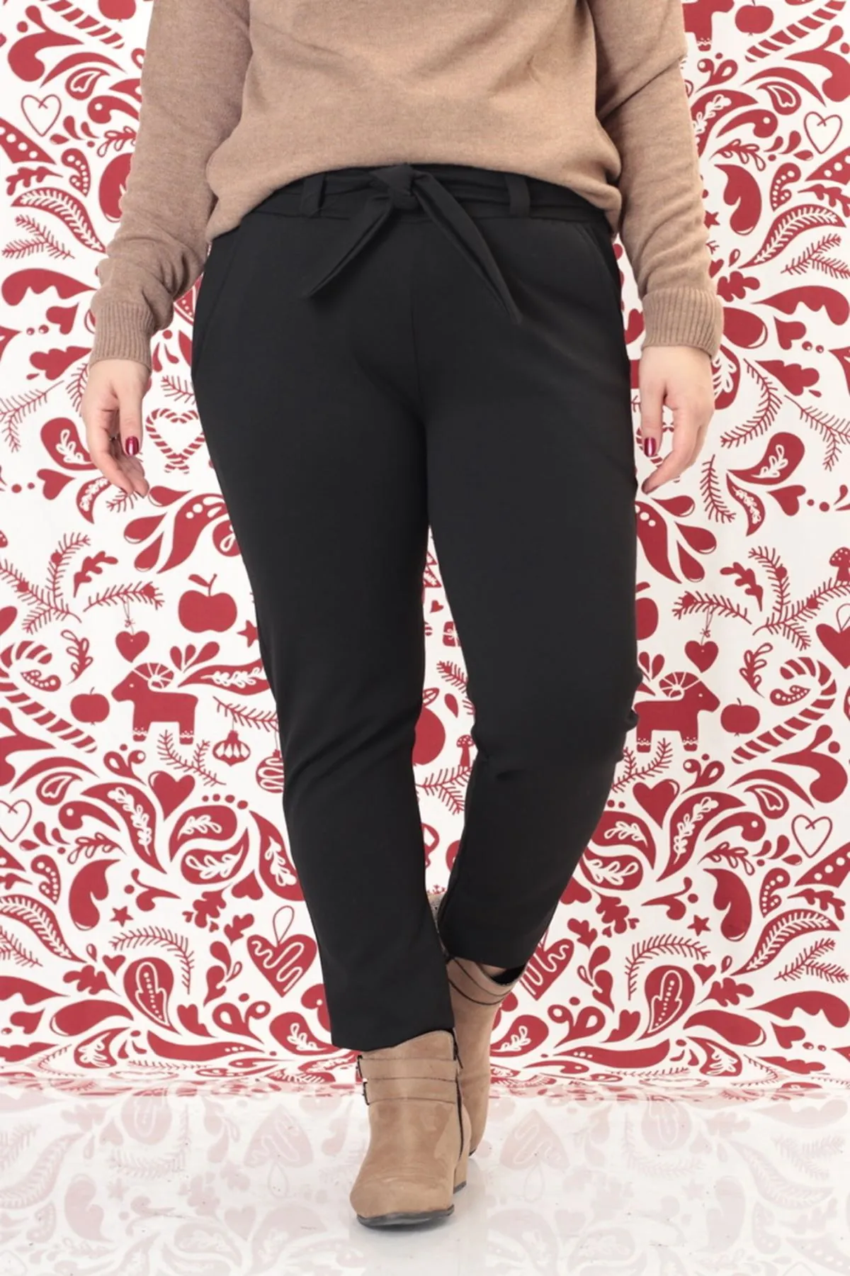RENKTE BÜYÜK BEDEN KUŞAKLI SİYAH ÇELİK TAYT