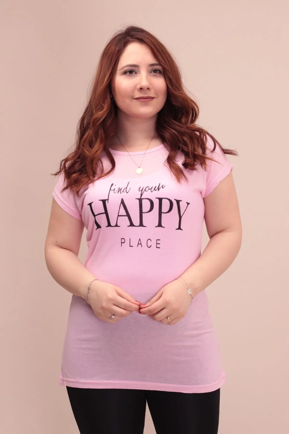 RENKTE İNCE PAMUKLU HAPPY YAZILI PUDRA T-SHİRT