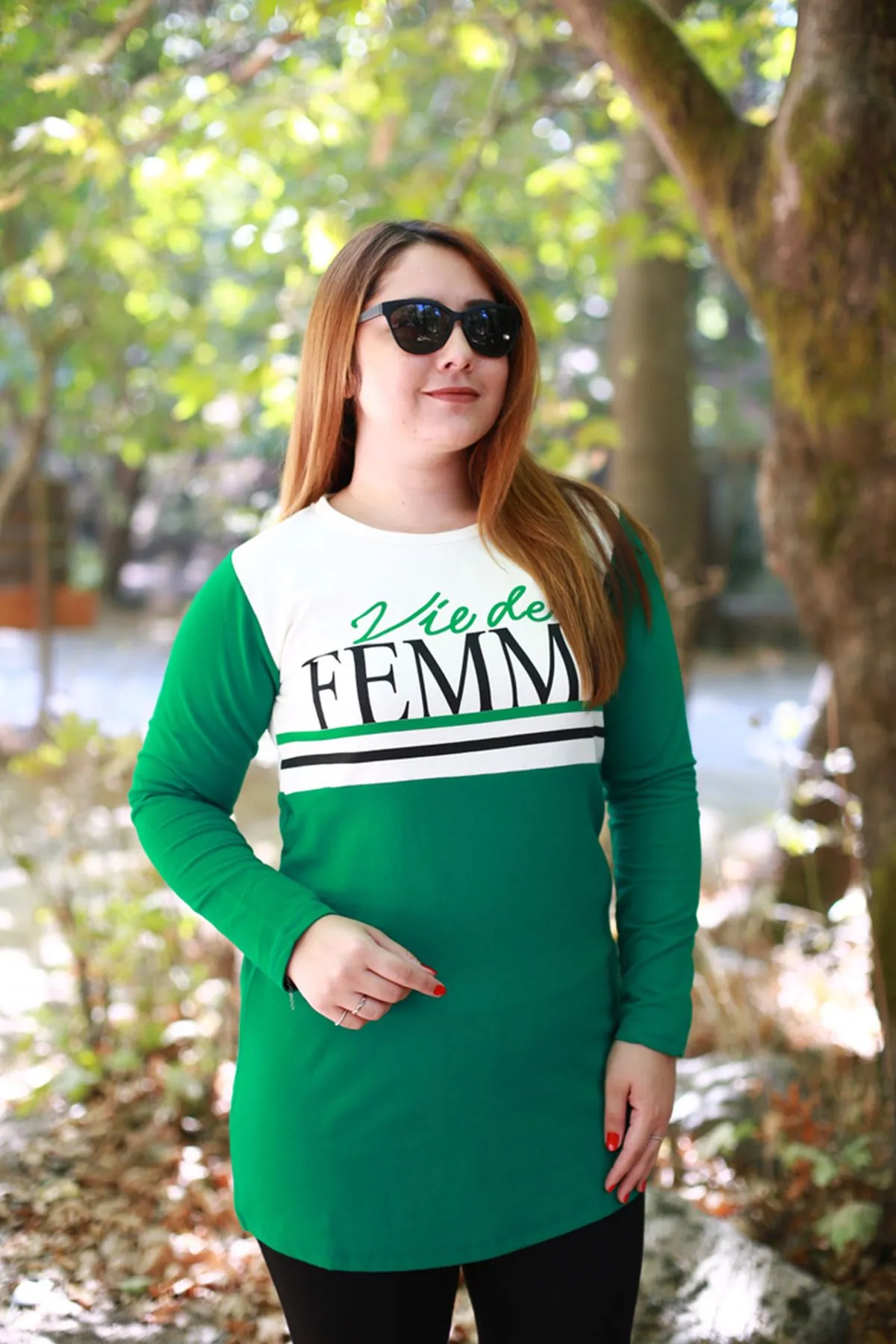 RENKTE BÜYÜK BEDEN FEMME BASKILI GARNİLİ YEŞİL SWEAT