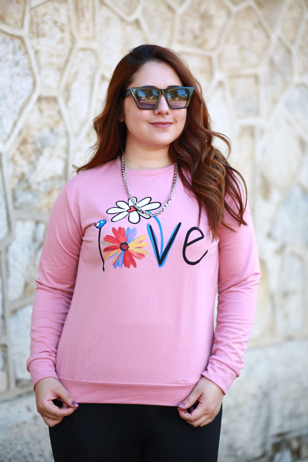 RENKTE KUŞ ÇİÇEK BASKILI PUDRA PEMBE SWEAT