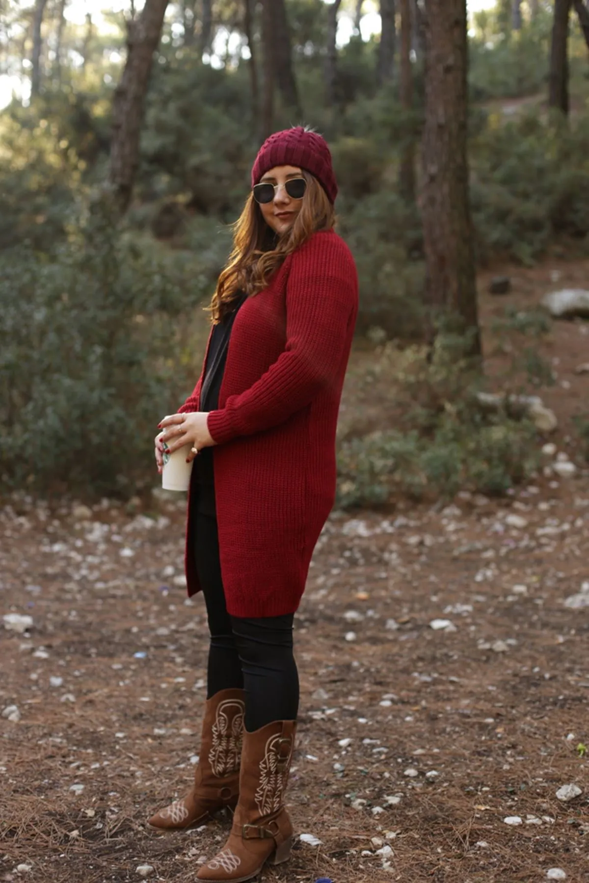 RENKTE ÖRGÜLÜ UZUN BORDO HIRKA&CEKET