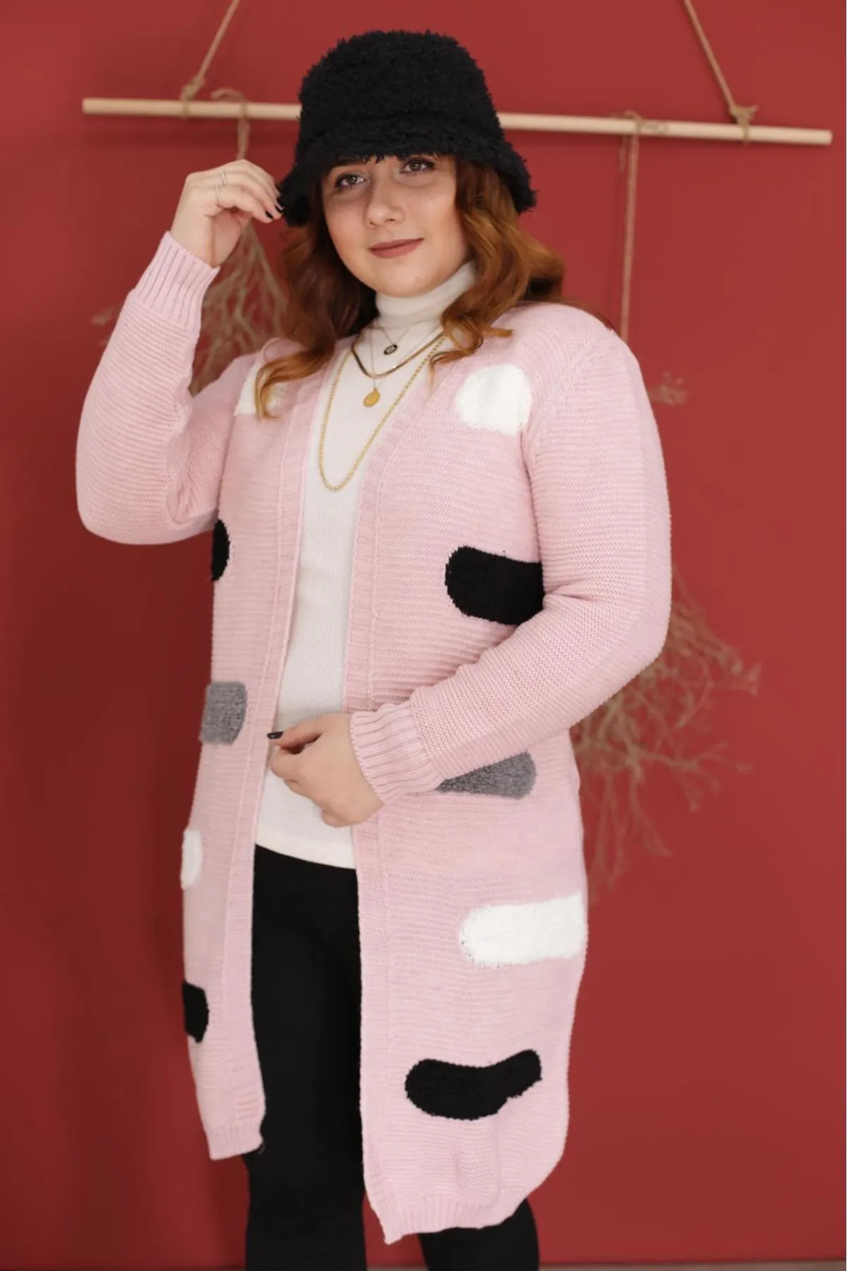 RENKTE PUANLI RENKLİ PUDRA PEMBE HIRKA&CEKET