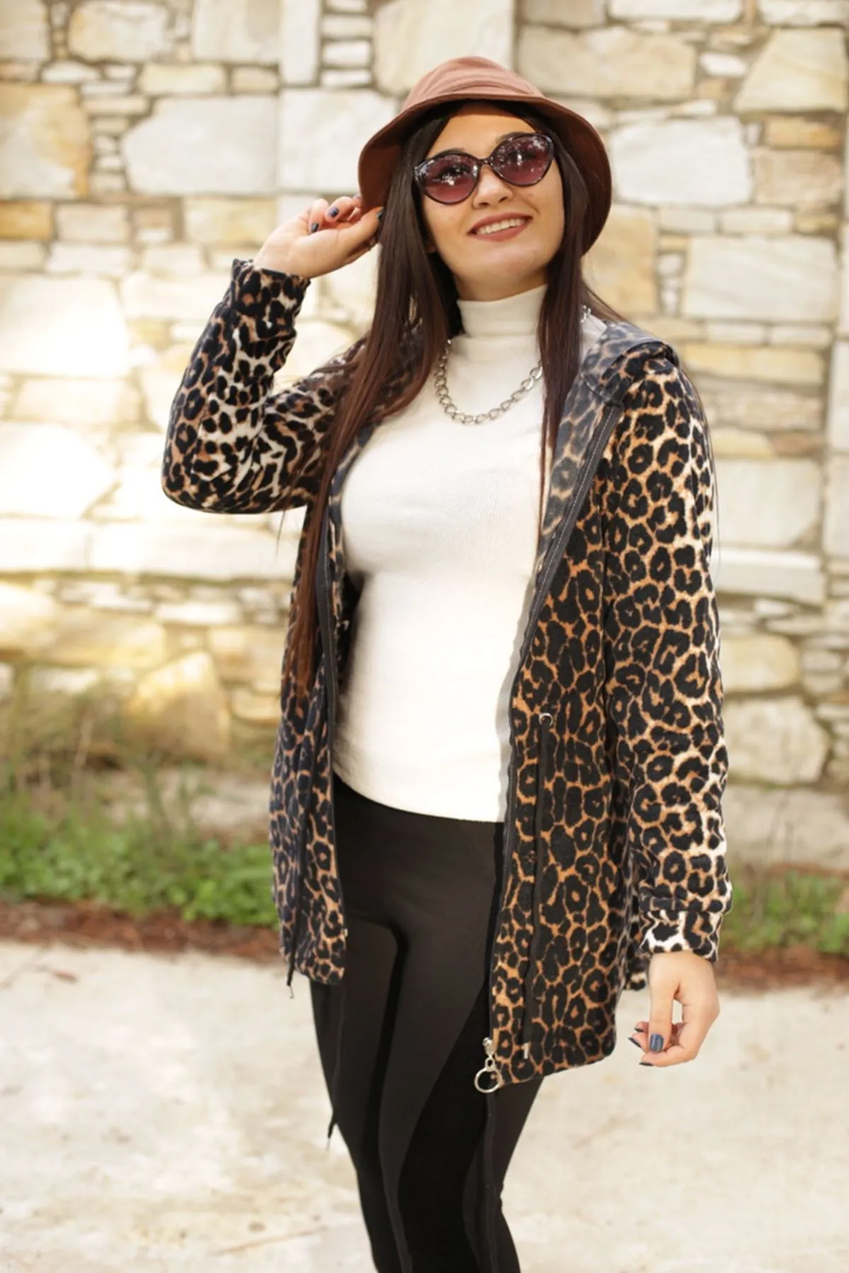 RENKTE BELİ İPLİ KAPŞONLU LEOPAR TUNİK CEKET