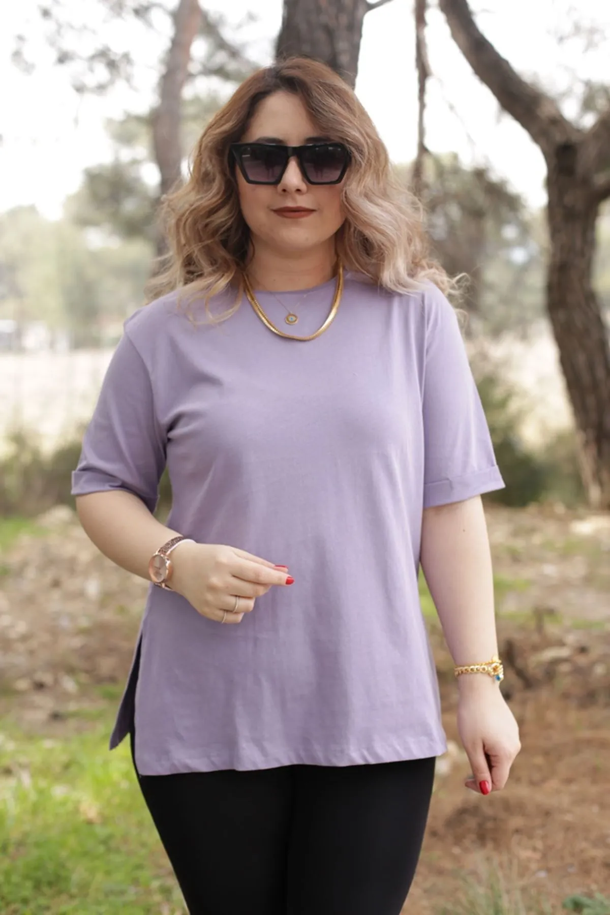 RENKTE DİRSEK KOL BASİC LİLA TSHİRT