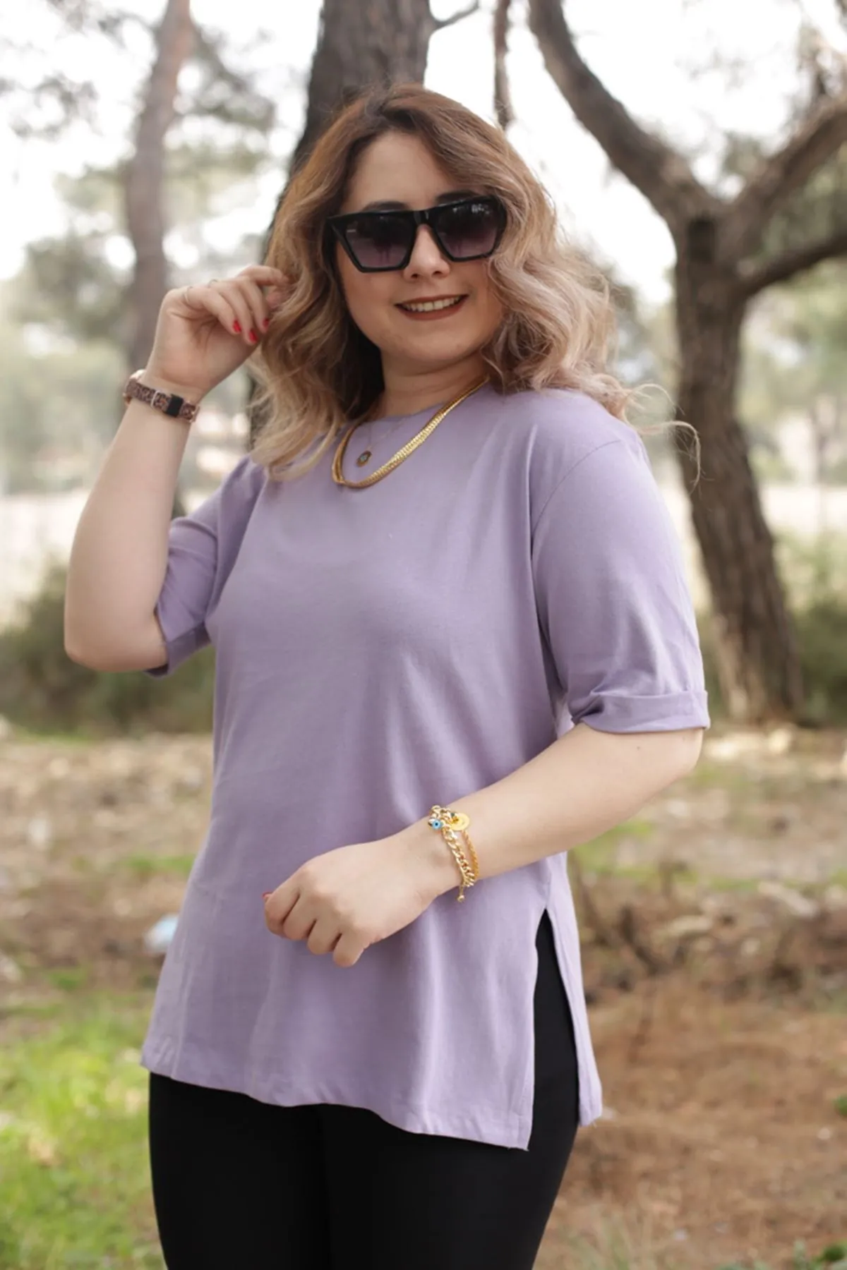 RENKTE DİRSEK KOL BASİC LİLA TSHİRT