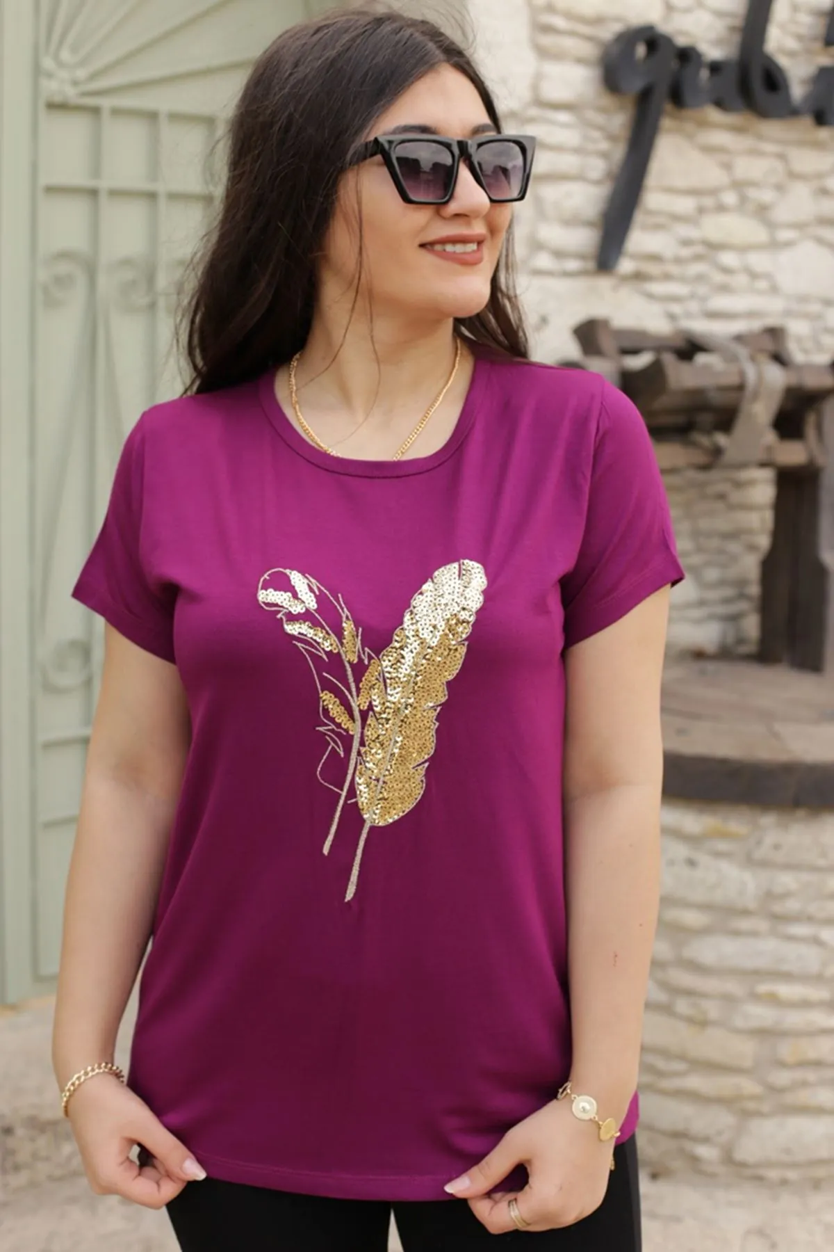 RENKTE PULLU YAPRAK DESENLİ MOR BLUZ