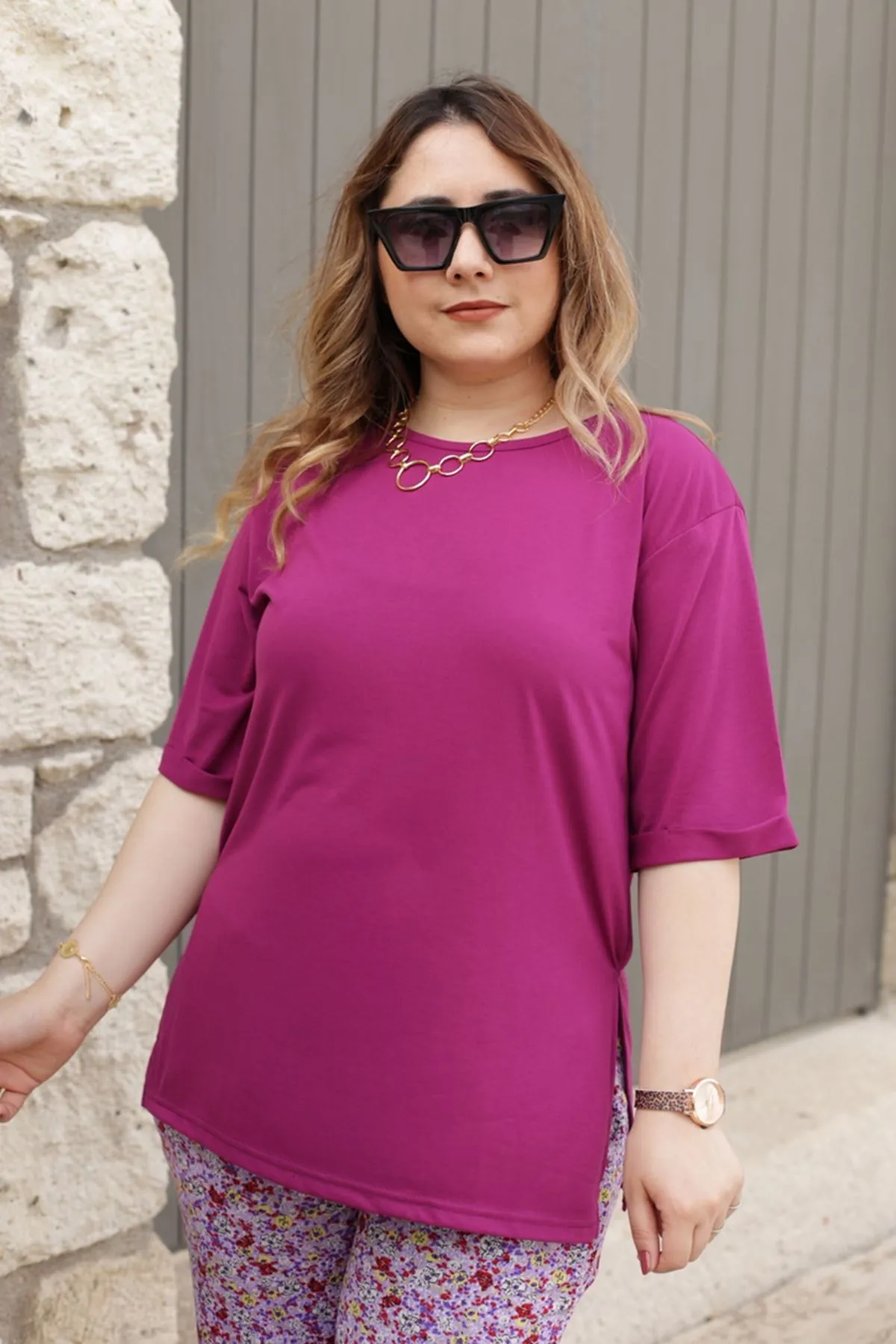 RENKTE DİRSEK KOL BASİC FUŞYA TSHİRT