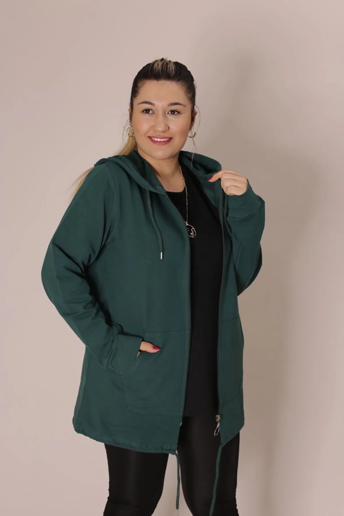 RENKTE LEOPAR KANGURU CEPLİ FERMUARLI YEŞİL SWEAT&CEKET