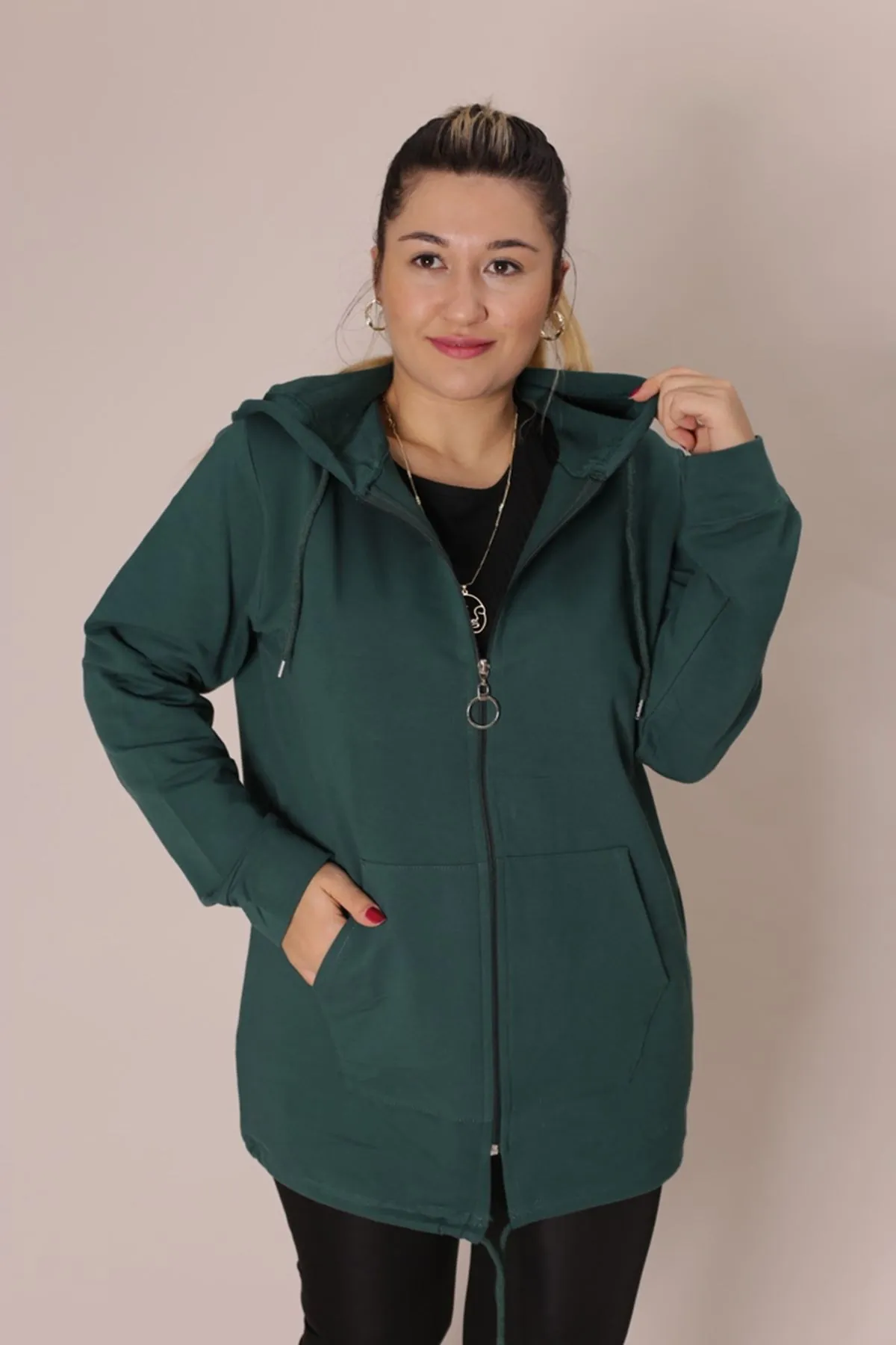 RENKTE LEOPAR KANGURU CEPLİ FERMUARLI YEŞİL SWEAT&CEKET