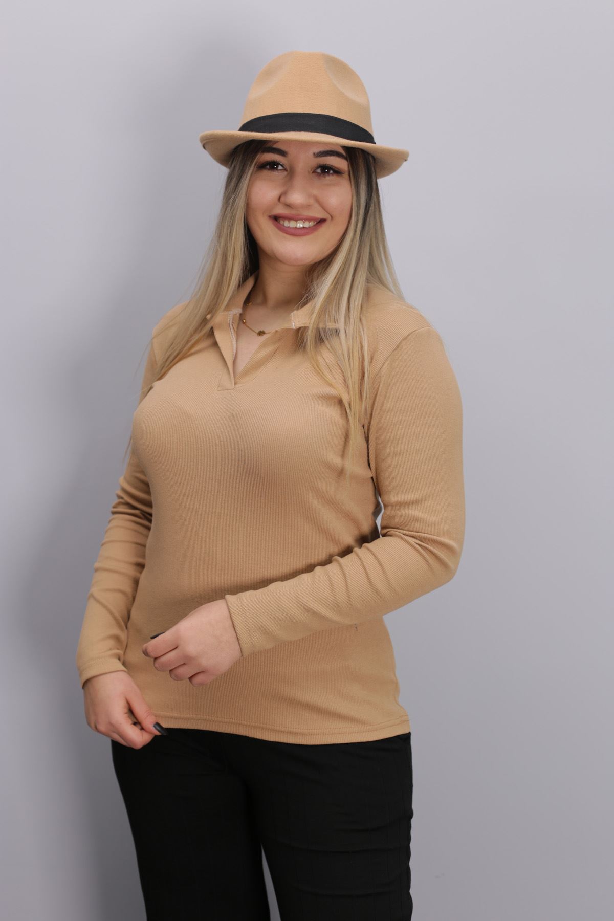 Butik Polo Renkte Butik-RENKTE POLO YAKA FİTİLLİ AÇIK KAHVE BLUZ&BODY