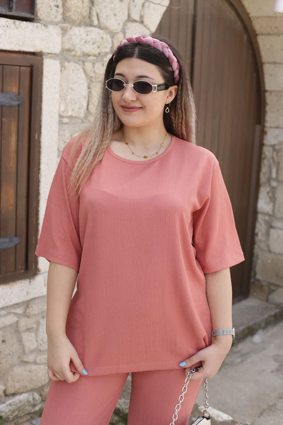 RENKTE DUBLE KOL BÜRÜMCÜK PEMBE TAKIM