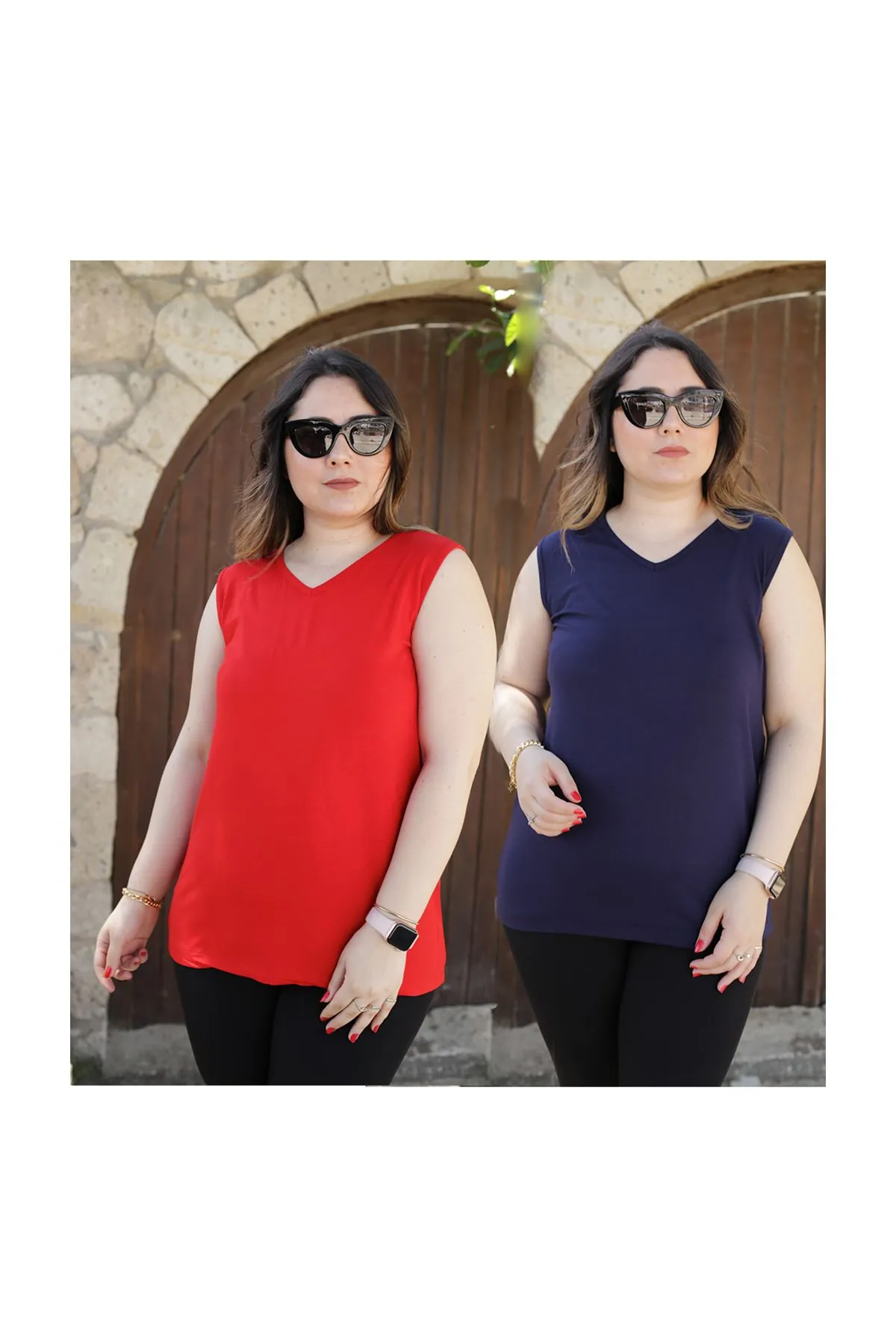 RENKTE KALIN ASKILI LACİVERT&KIRMIZI İKİLİ BLUZ