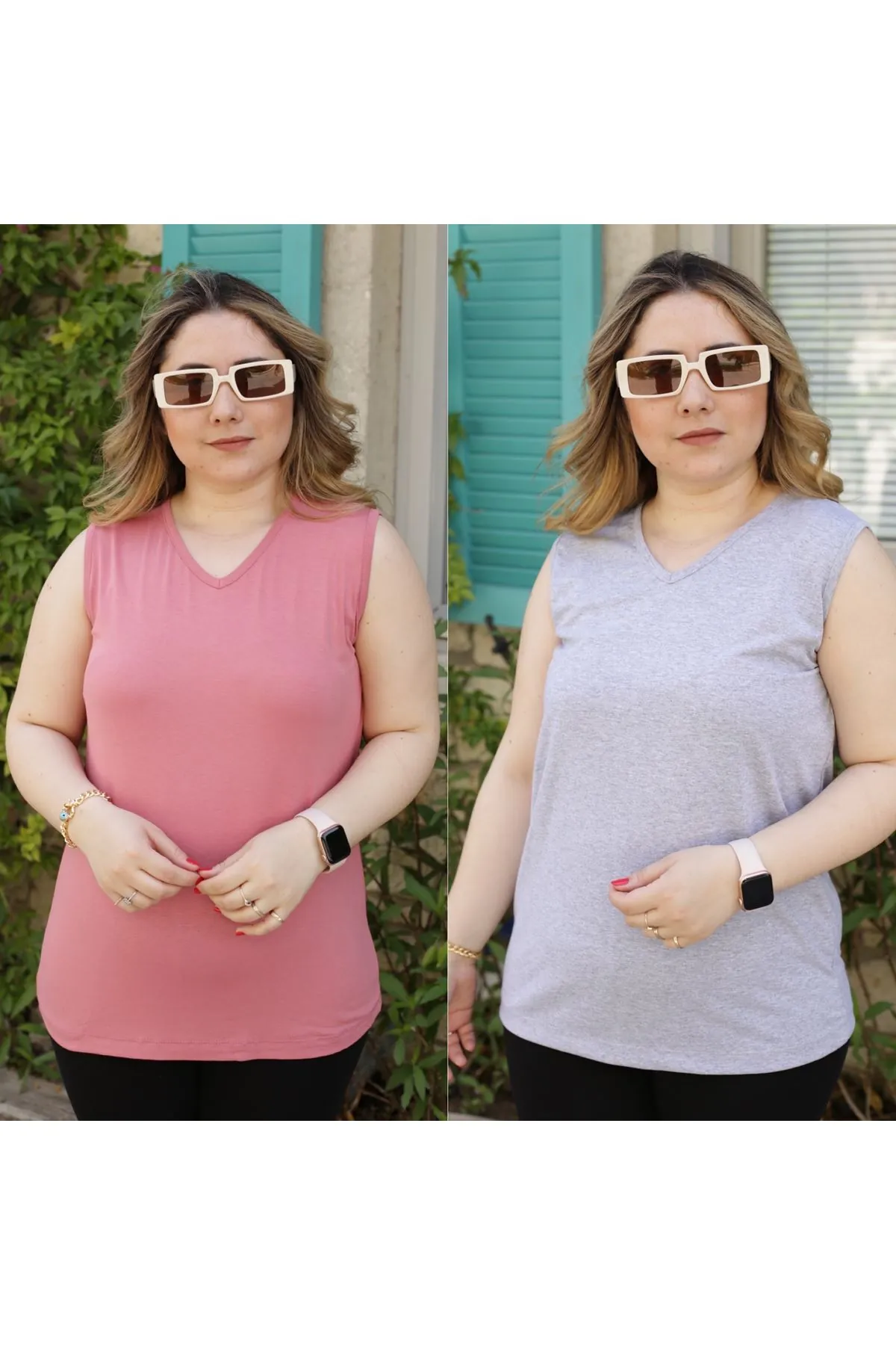 RENKTE KALIN ASKILI PUDRA&GRİ İKİLİ BLUZ