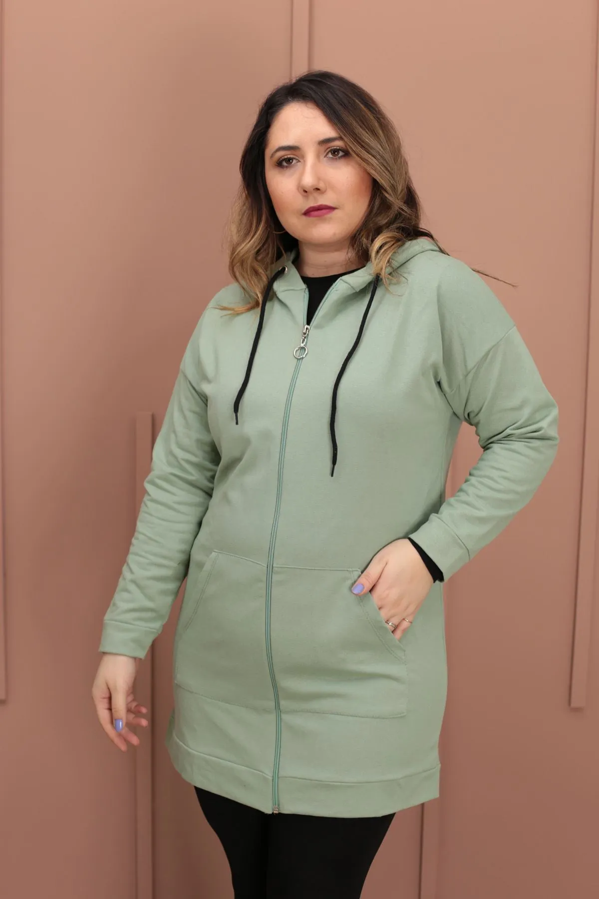 RENKTE KANGURU CEPLİ MİNT CEKET&SWEAT