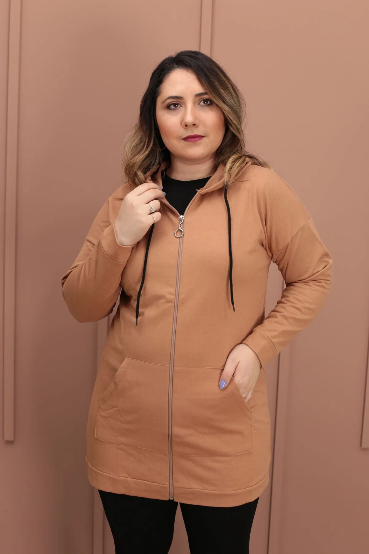 RENKTE KANGURU CEPLİ KAHVERENGİ CEKET&SWEAT