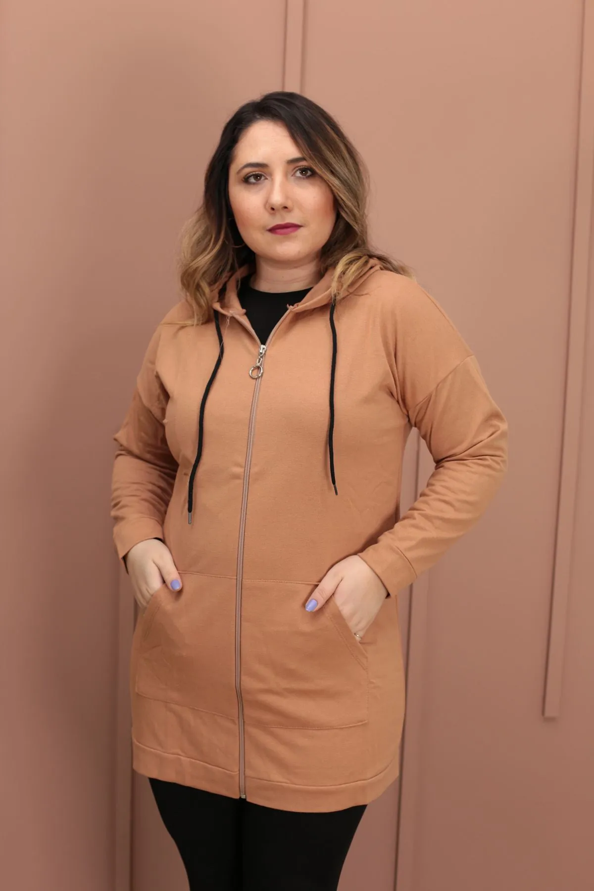 RENKTE KANGURU CEPLİ KAHVERENGİ CEKET&SWEAT