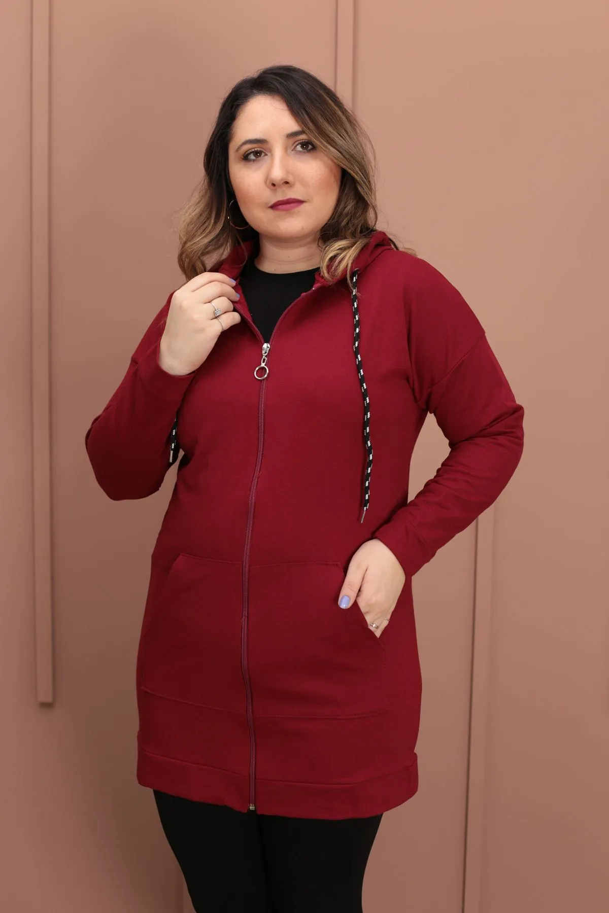 RENKTE KANGURU CEPLİ BORDO CEKET&SWEAT
