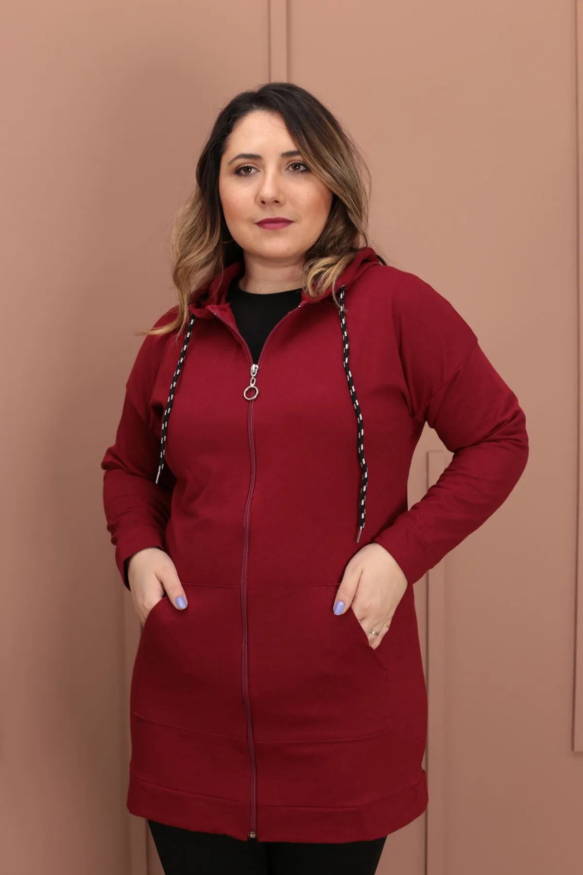 RENKTE KANGURU CEPLİ BORDO CEKET&SWEAT