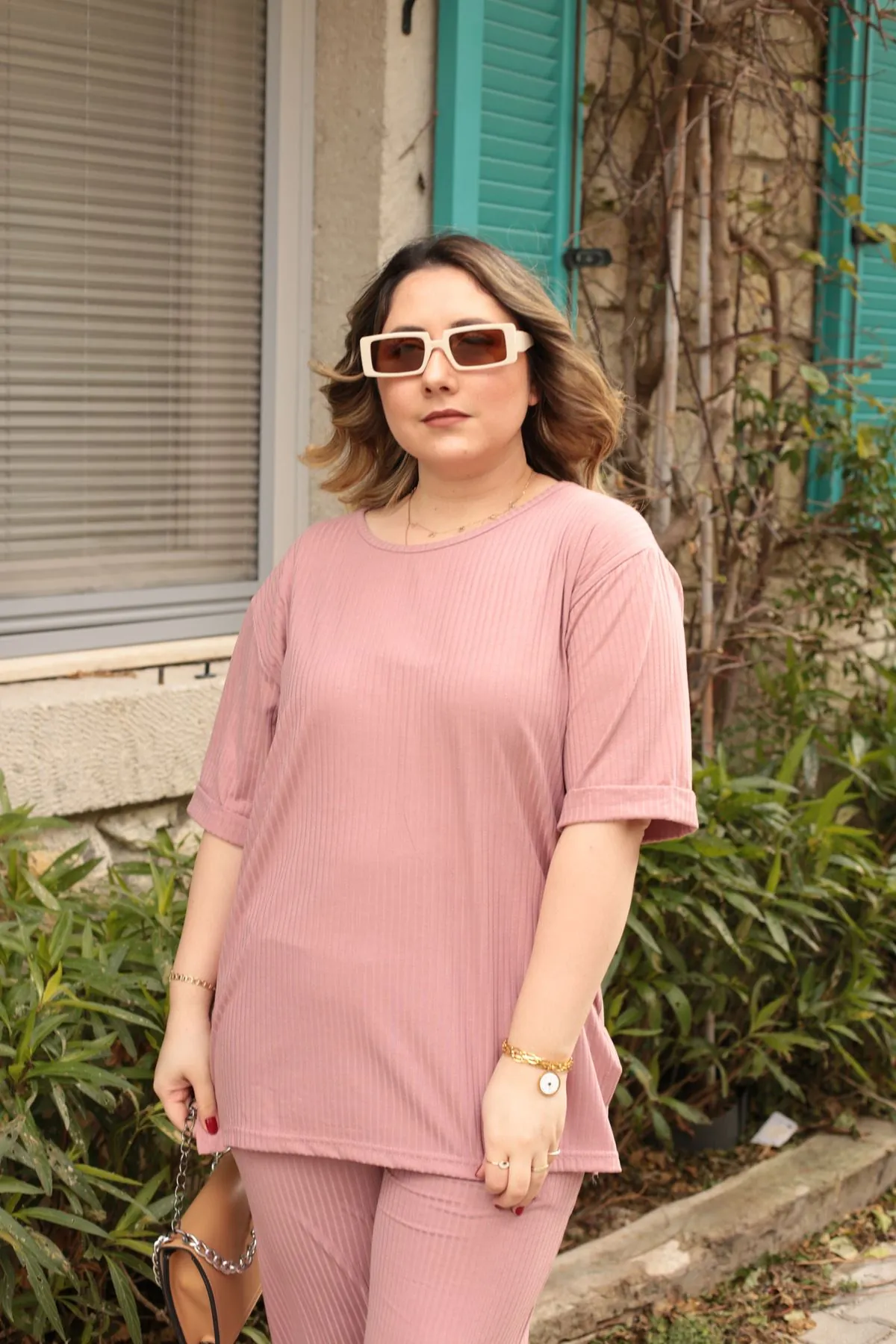 RENKTE ÖZEL ÜRETİM DİRSEK KOL KAŞKORSE PUDRA PEMBE TAKIM