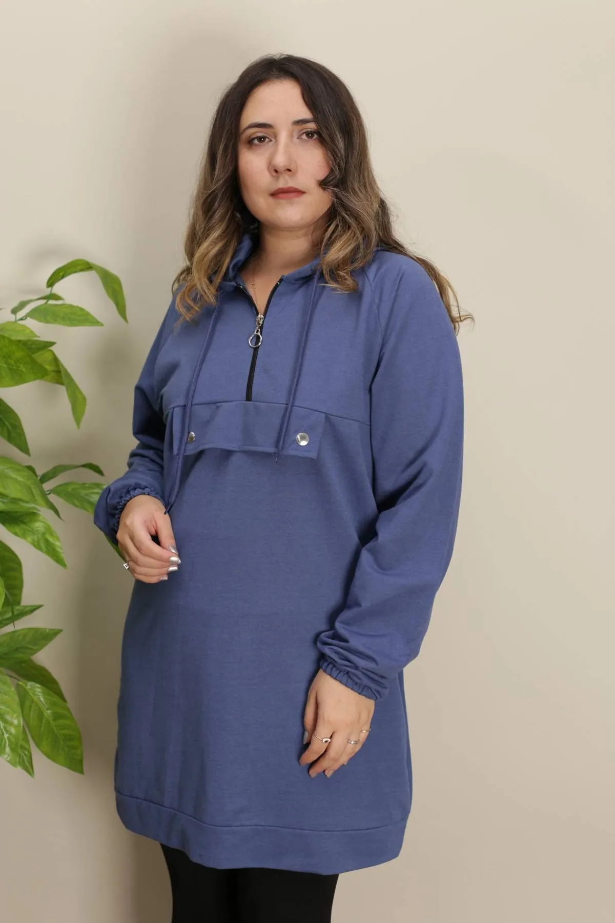 RENKTE FERMUARLI GENİŞ KESİM İNDİGO SWEAT & TUNİK