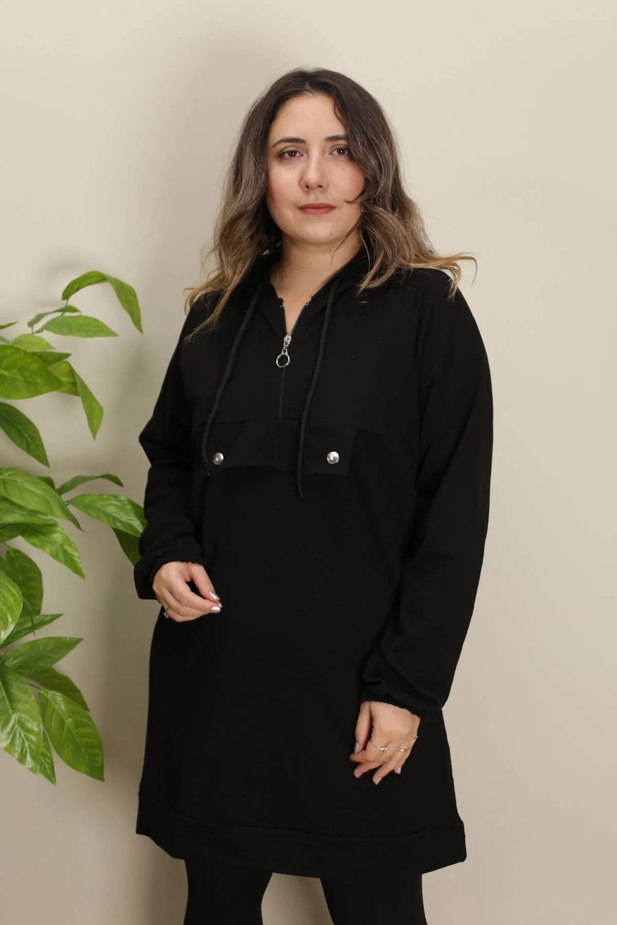 RENKTE FERMUARLI GENİŞ KESİM SİYAH SWEAT & TUNİK