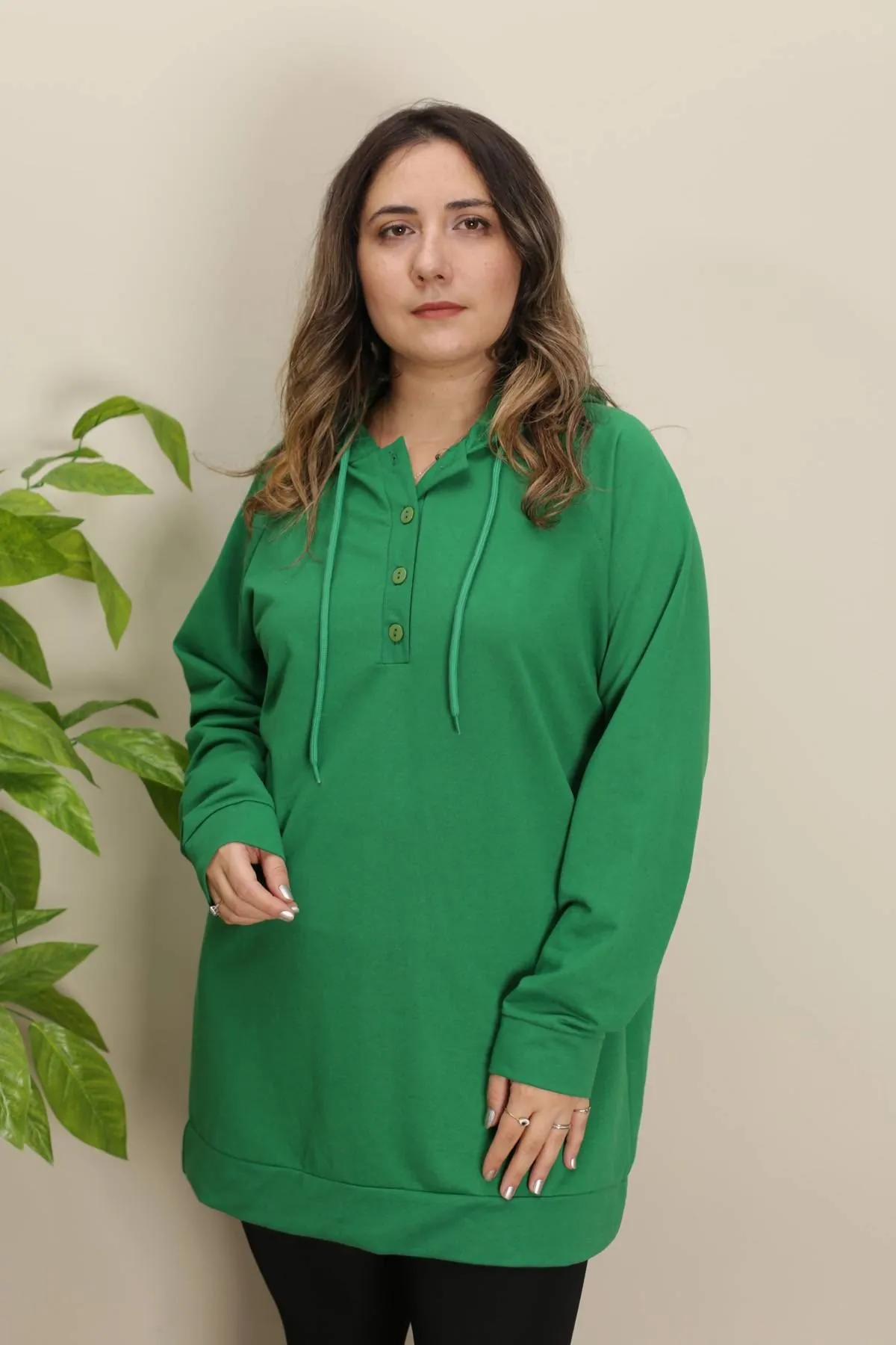 RENKTE DÜĞMELİ GENİŞ KESİM YEŞİL SWEAT & TUNİK
