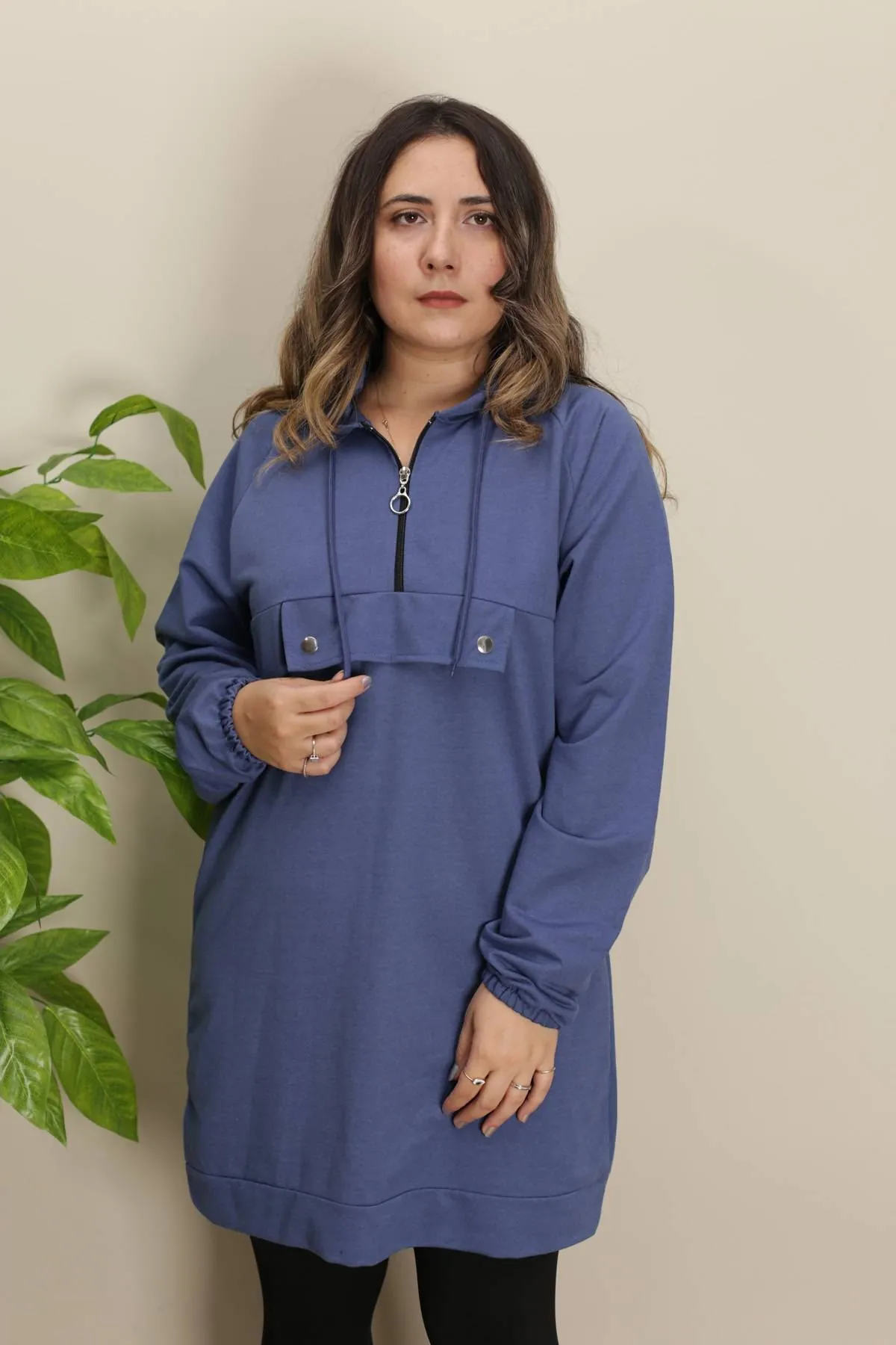RENKTE FERMUARLI GENİŞ KESİM İNDİGO SWEAT & TUNİK