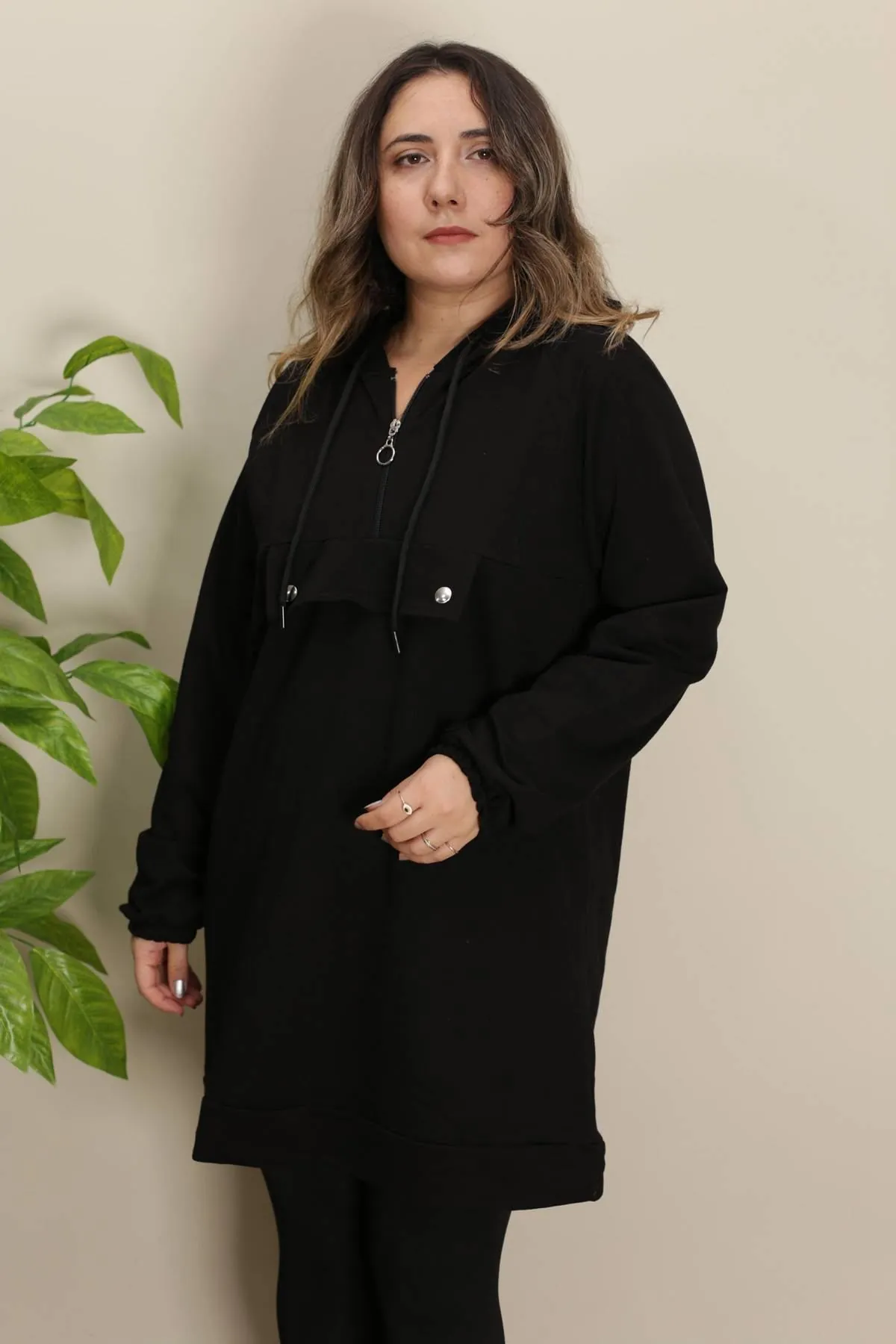 RENKTE FERMUARLI GENİŞ KESİM SİYAH SWEAT & TUNİK