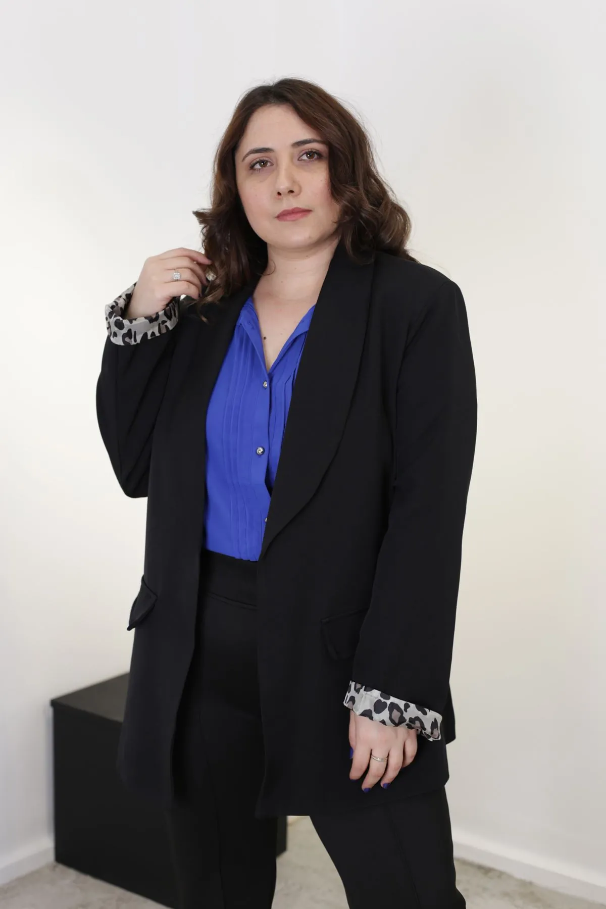 RENKTE LEOPAR ASTARLI SİYAH BÜYÜK BEDEN BLAZER CEKET