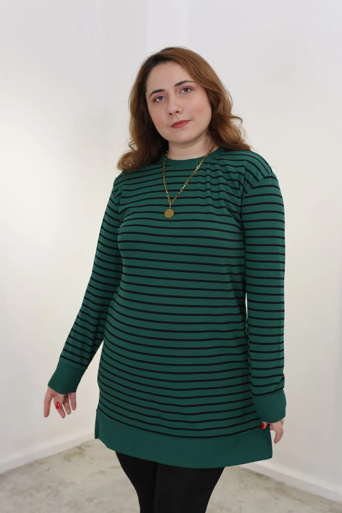 RENKTE BÜYÜK BEDEN ÇİZGİLİ YEŞİL SWEAT & TUNİK