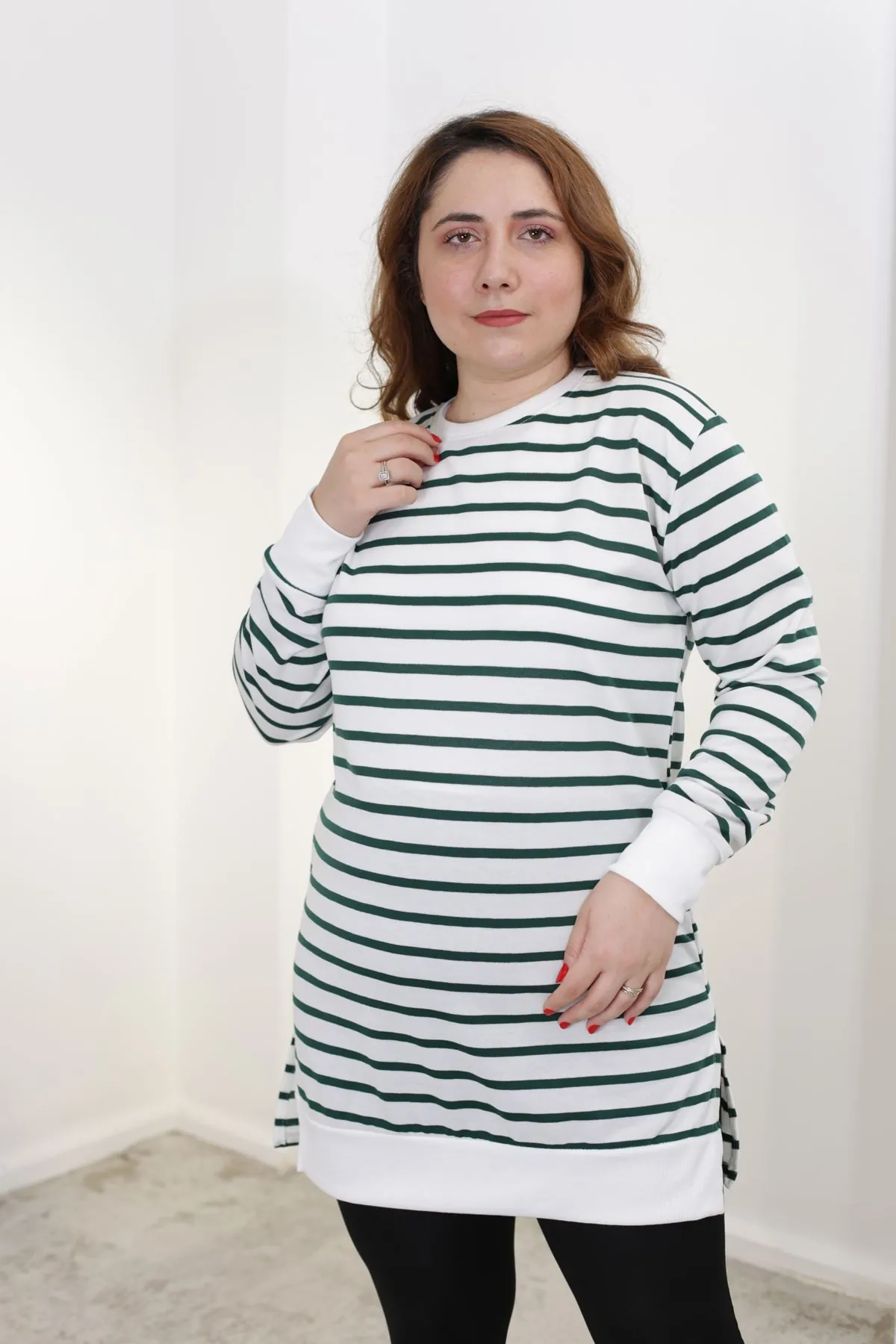 RENKTE BÜYÜK BEDEN ÇİZGİLİ YEŞİL SWEAT & TUNİK