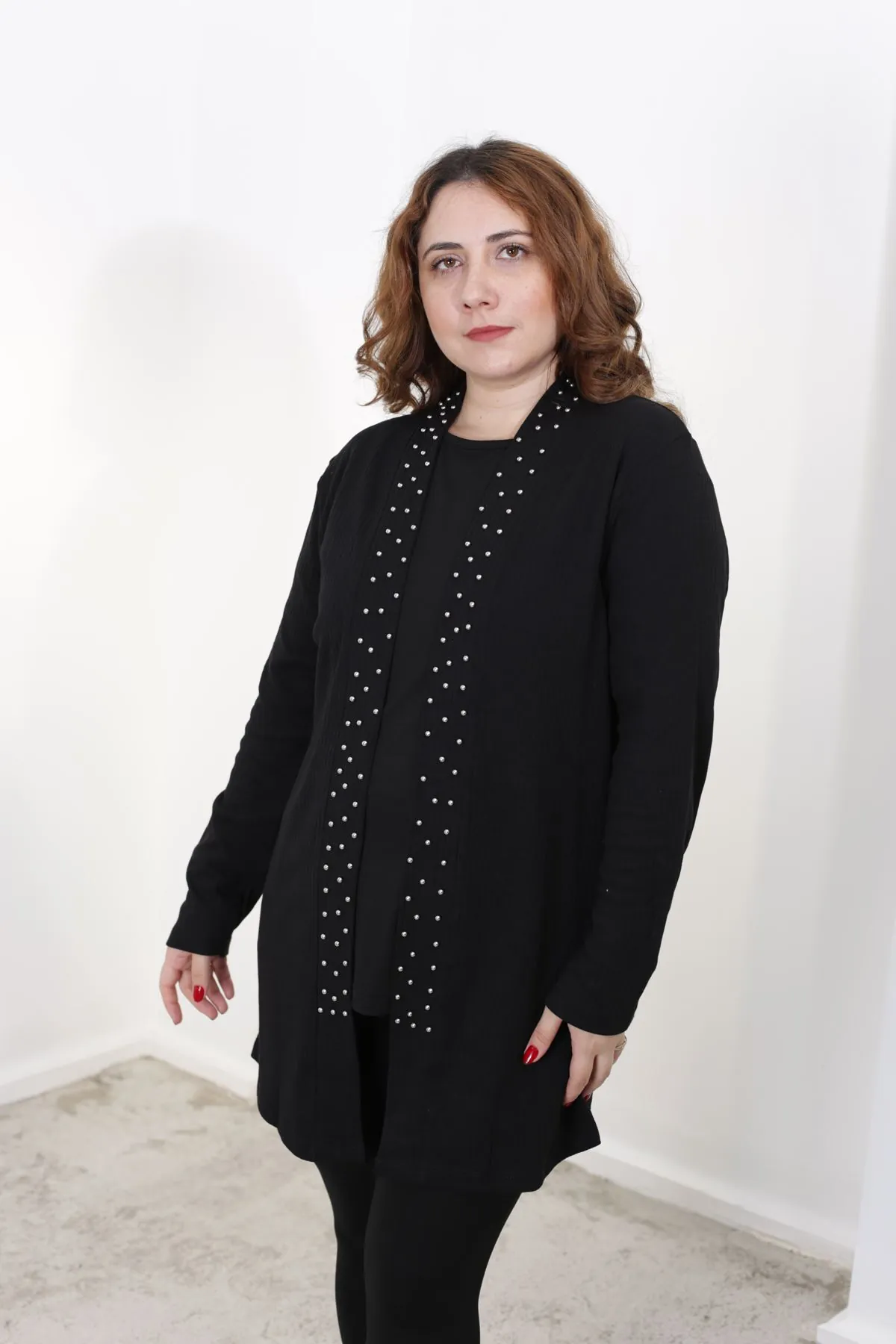 RENKTE İNCİLİ TASARIM BÜYÜK BEDEN SİYAH CEKET