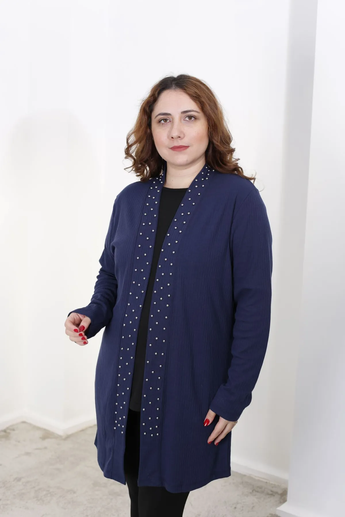 RENKTE İNCİLİ TASARIM BÜYÜK BEDEN LACİVERT CEKET