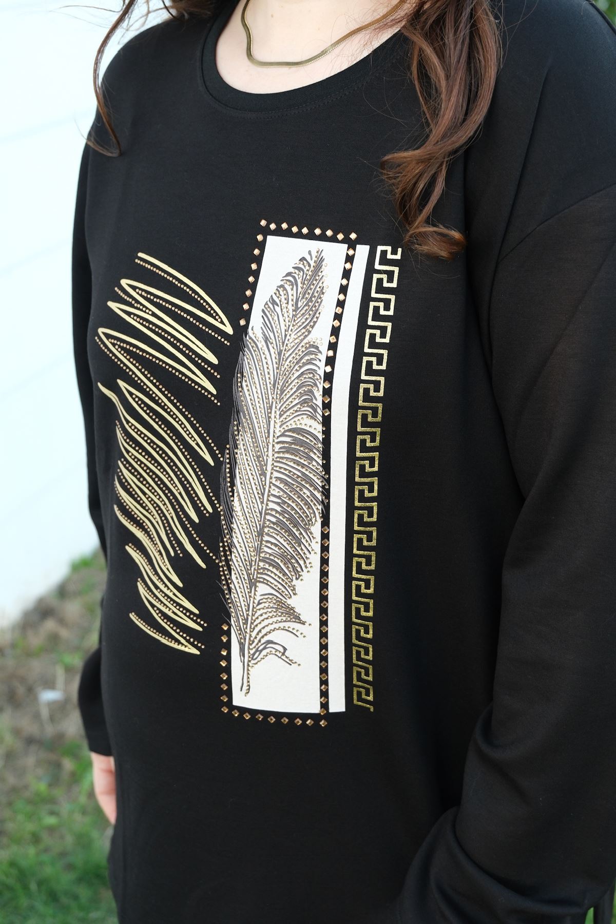 RENKTE SİYAH YAPRAK TAŞ İŞLEMELİ TASARIM BLUZ