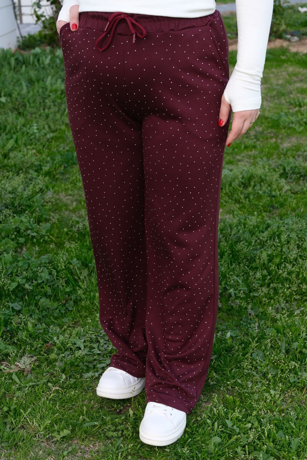 RENKTE BÜYÜK BEDEN TAŞLI MODAL BORDO EŞOFMAN ALTI