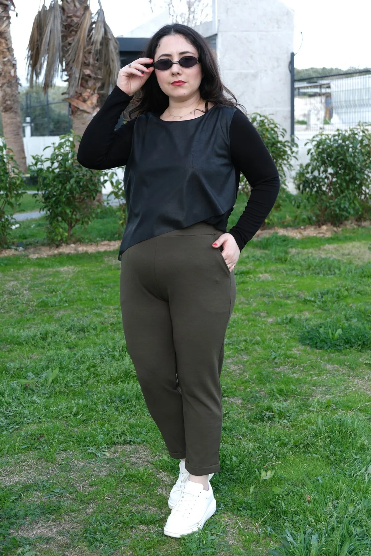 RENKTE DUBLE PAÇA CEPLİ HAKİ ESNEK PANTOLON