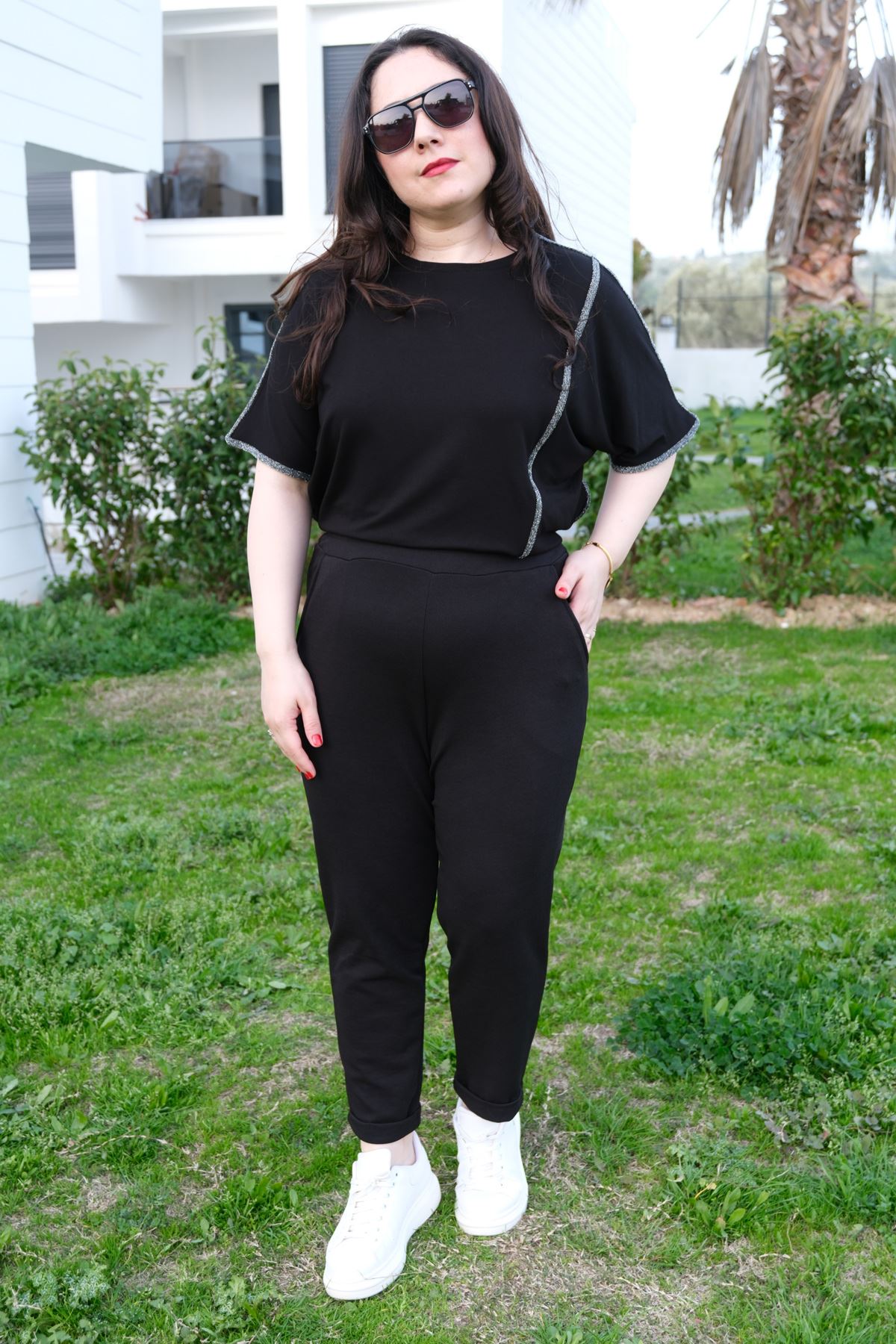 RENKTE DUBLE PAÇA CEPLİ SİYAH ESNEK PANTOLON