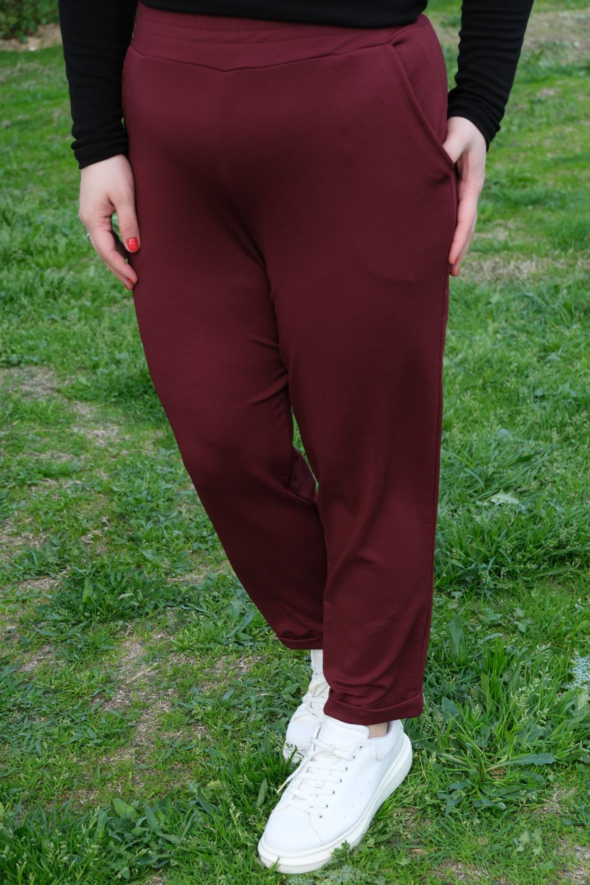 RENKTE DUBLE PAÇA CEPLİ BORDO ESNEK PANTOLON