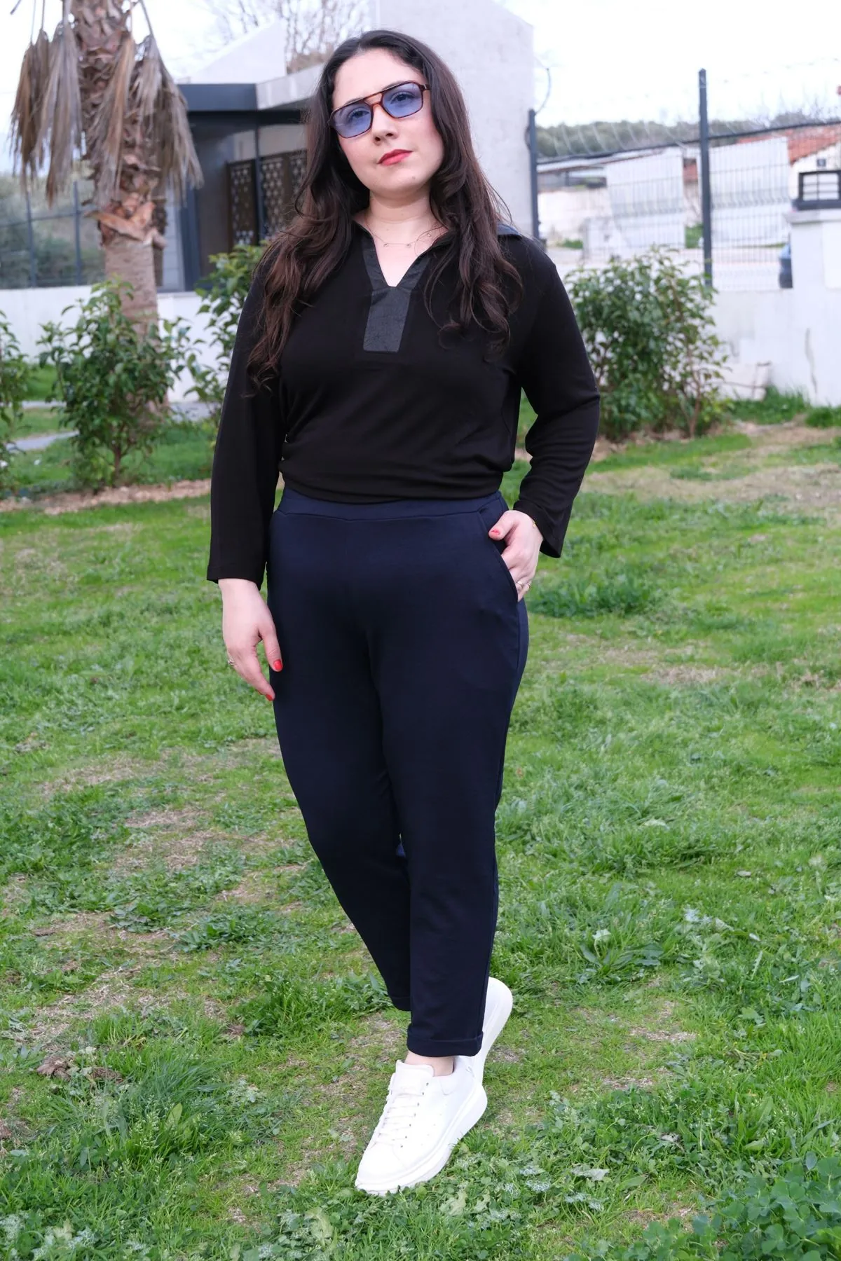 RENKTE DUBLE PAÇA CEPLİ LACİVERT ESNEK PANTOLON