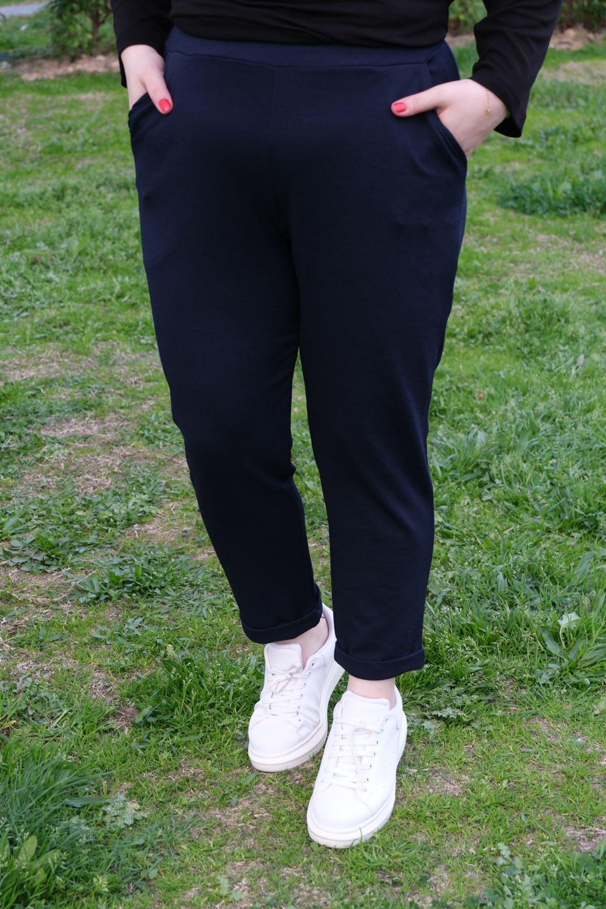 RENKTE DUBLE PAÇA CEPLİ LACİVERT ESNEK PANTOLON