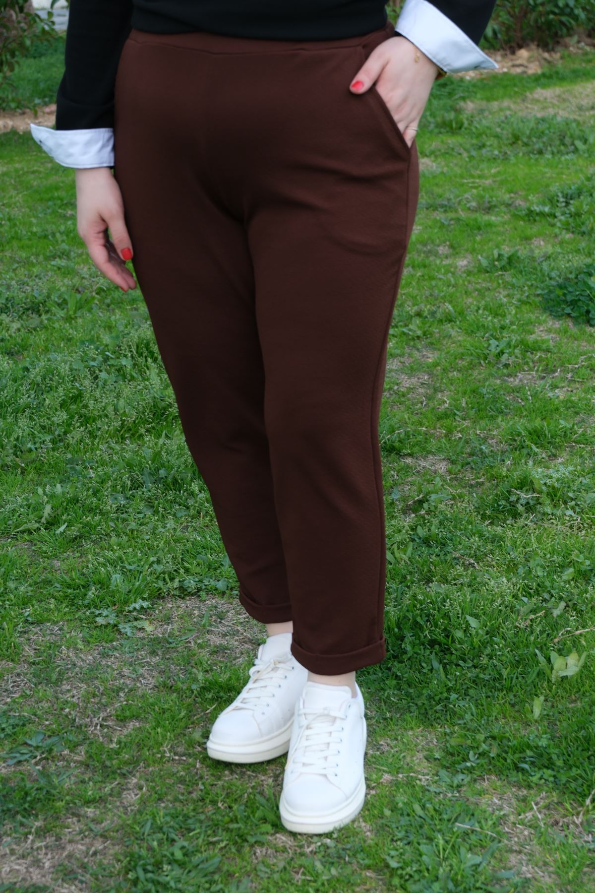 RENKTE DUBLE PAÇA CEPLİ KAHVERENGİ ESNEK PANTOLON