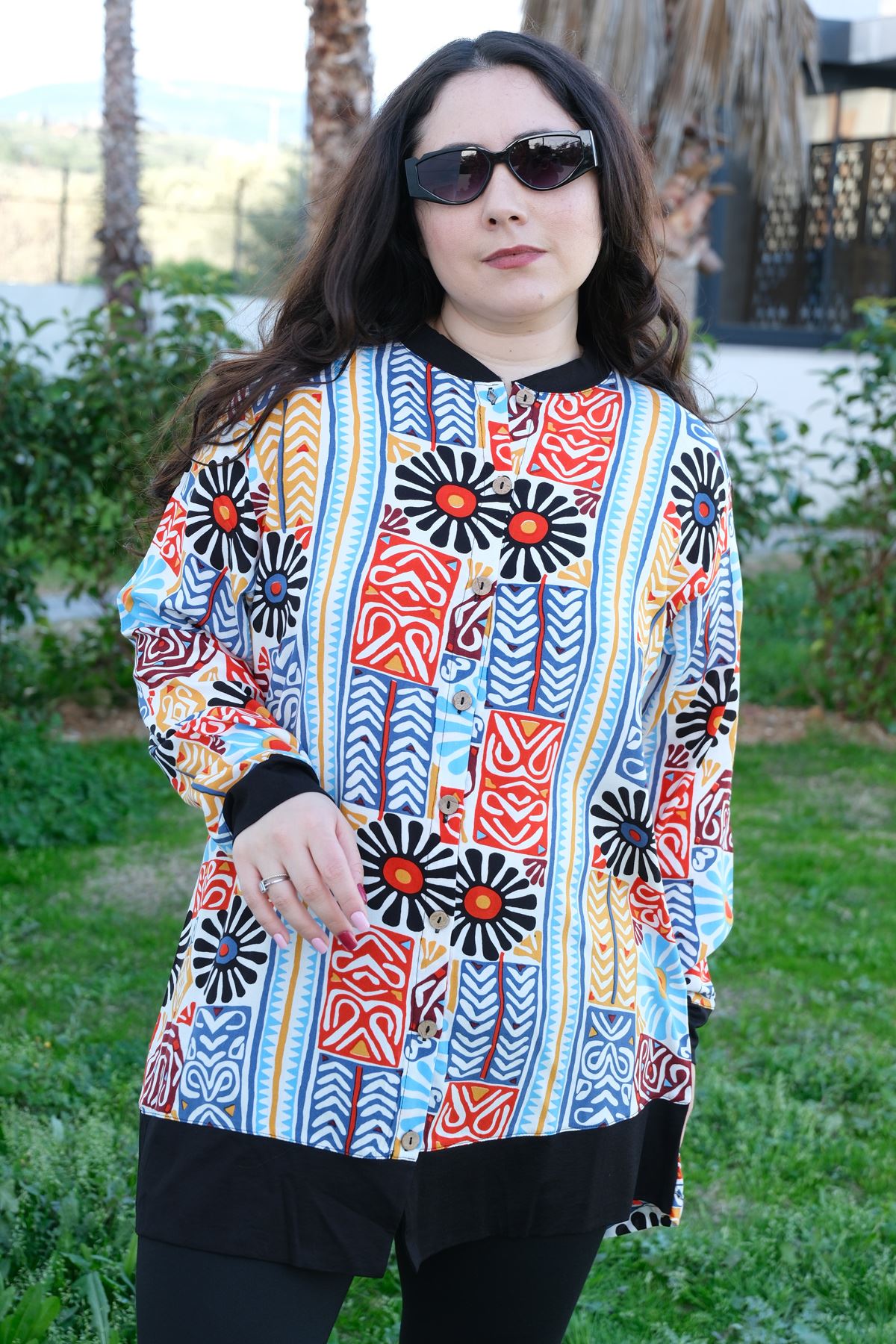 RENKTE BÜYÜK BEDEN SİYAH KOMBİNLİ DESENLİ TUNİK