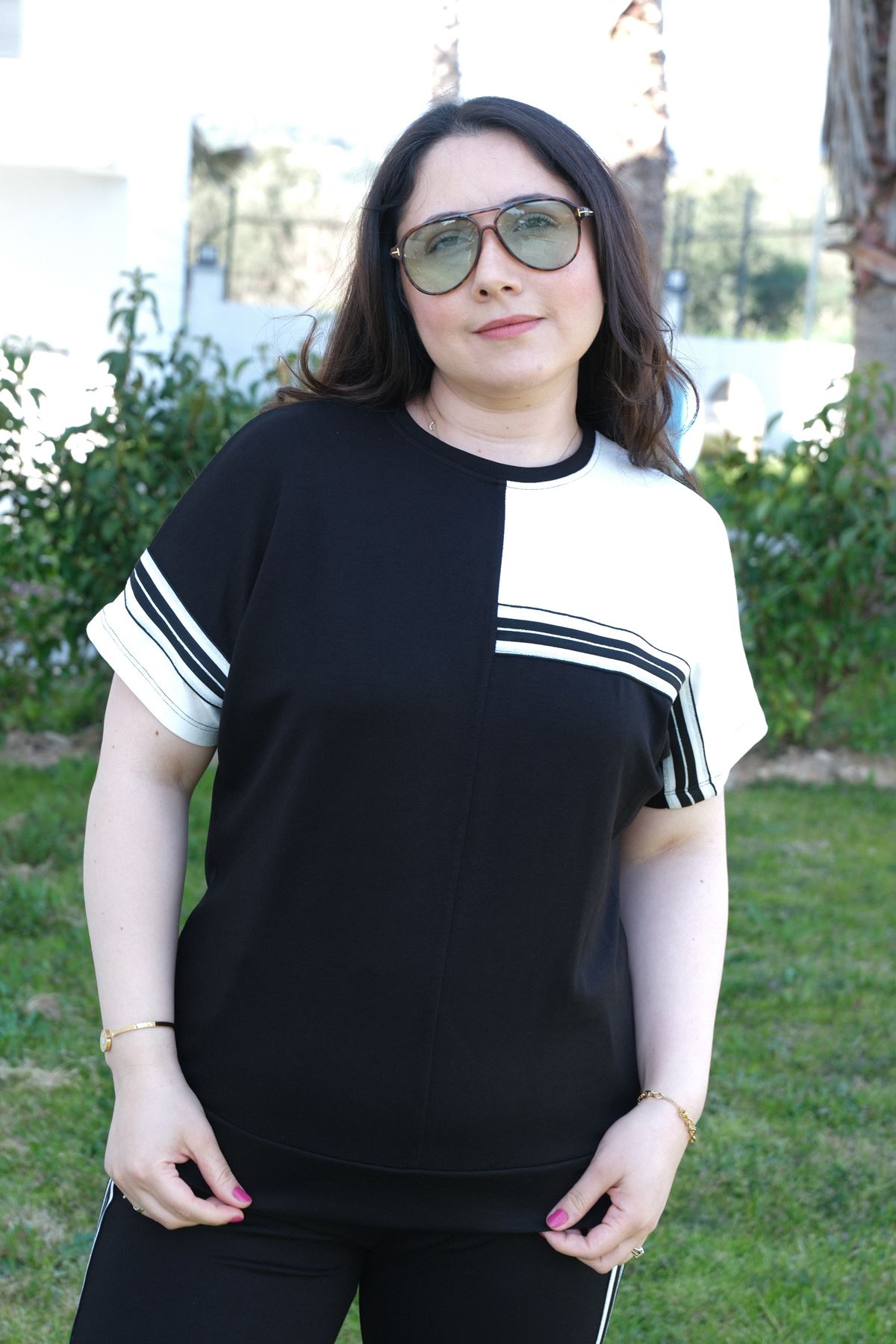 RENKTE BÜYÜK BEDEN SİM ŞERİTLİ SİYAH İKİLİ TAKIM