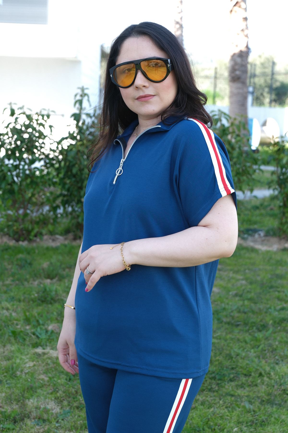 RENKTE BÜYÜK BEDEN FERMUARLI ŞERİTLİ İNDİGO ALT ÜST TAKIM