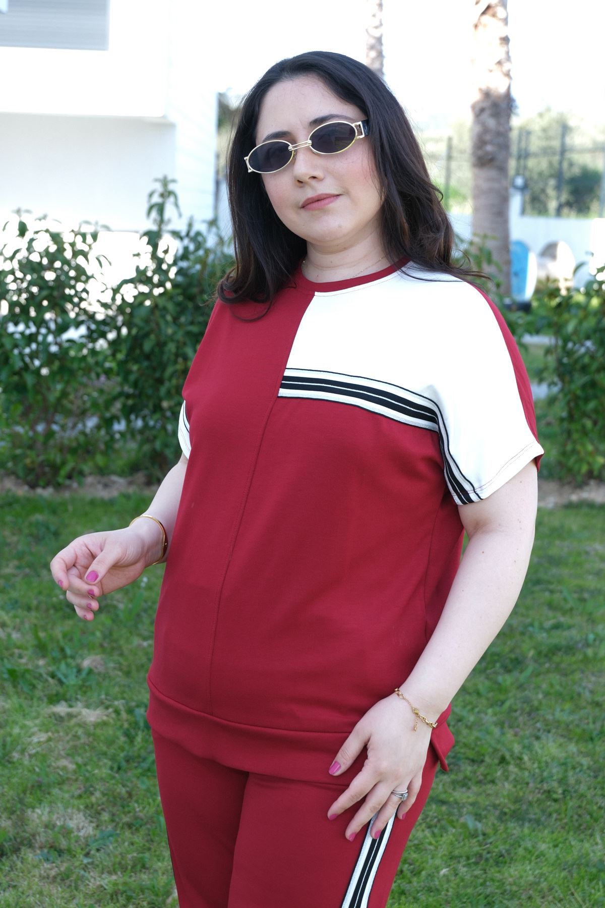 RENKTE BÜYÜK BEDEN SİM ŞERİTLİ BORDO İKİLİ TAKIM