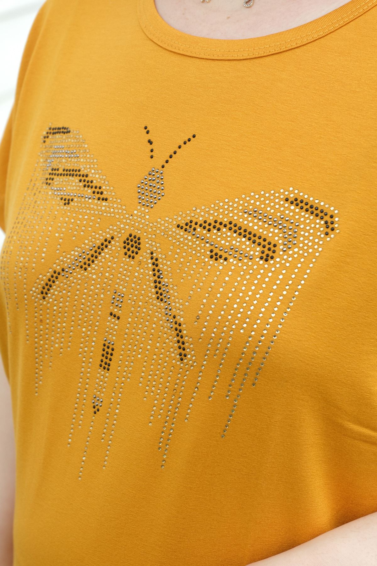 RENKTE BÜYÜK BEDEN YUSUFCUK TAŞLI HARDAL BLUZ