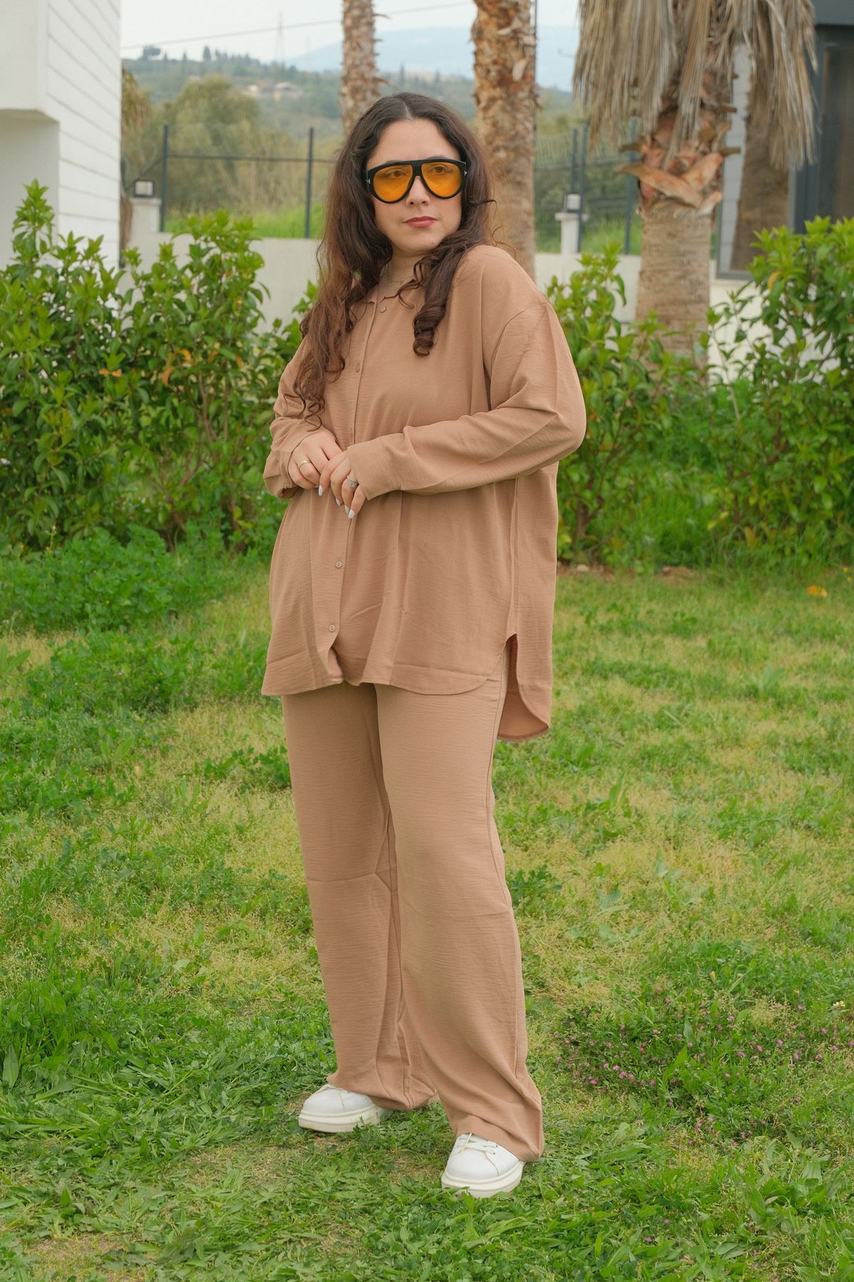 RENKTE BÜYÜK BEDEN KİLO GİZLEYEN SALAŞ KAHVE TAKIM