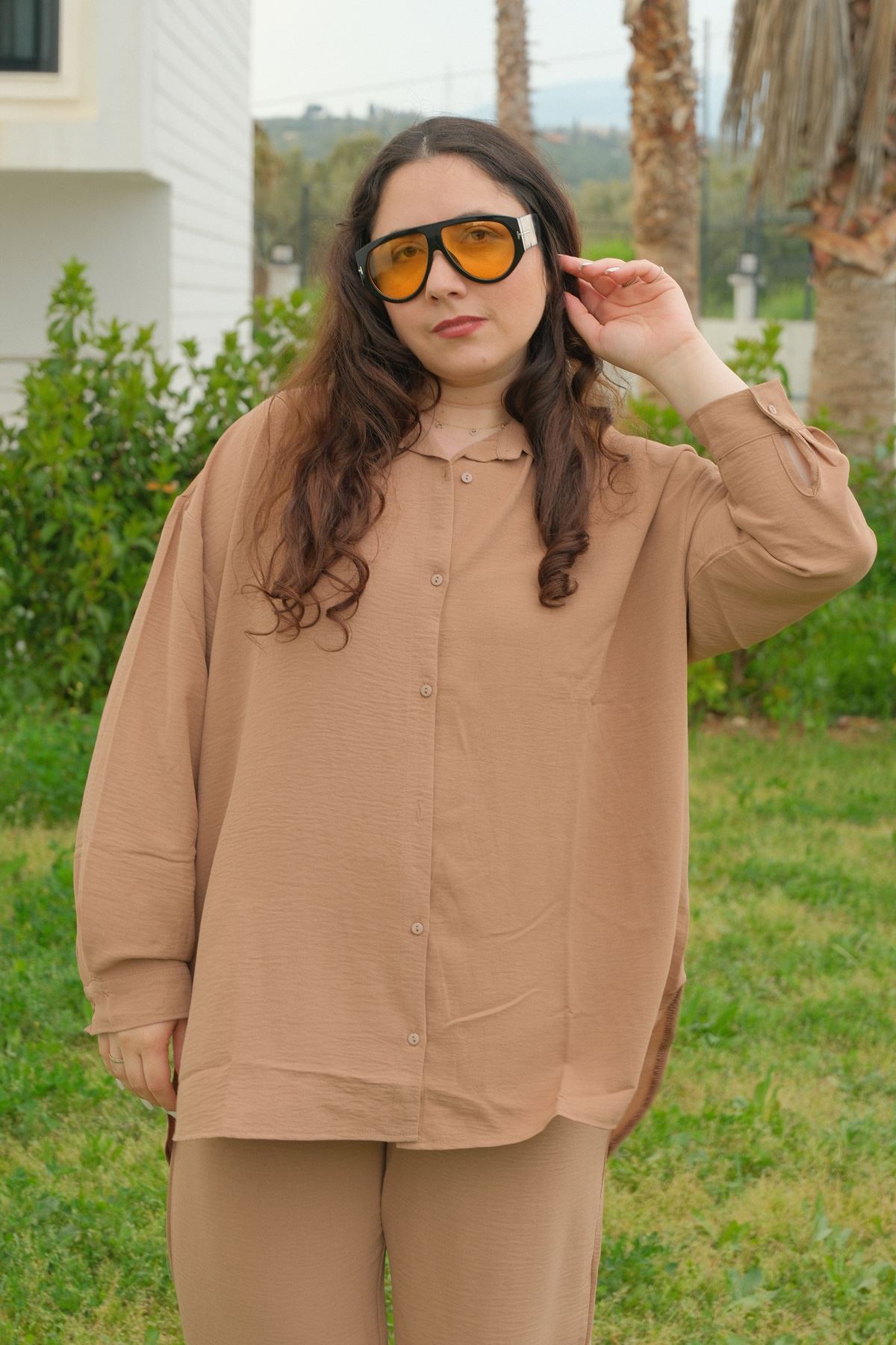 RENKTE BÜYÜK BEDEN KİLO GİZLEYEN SALAŞ KAHVE TAKIM