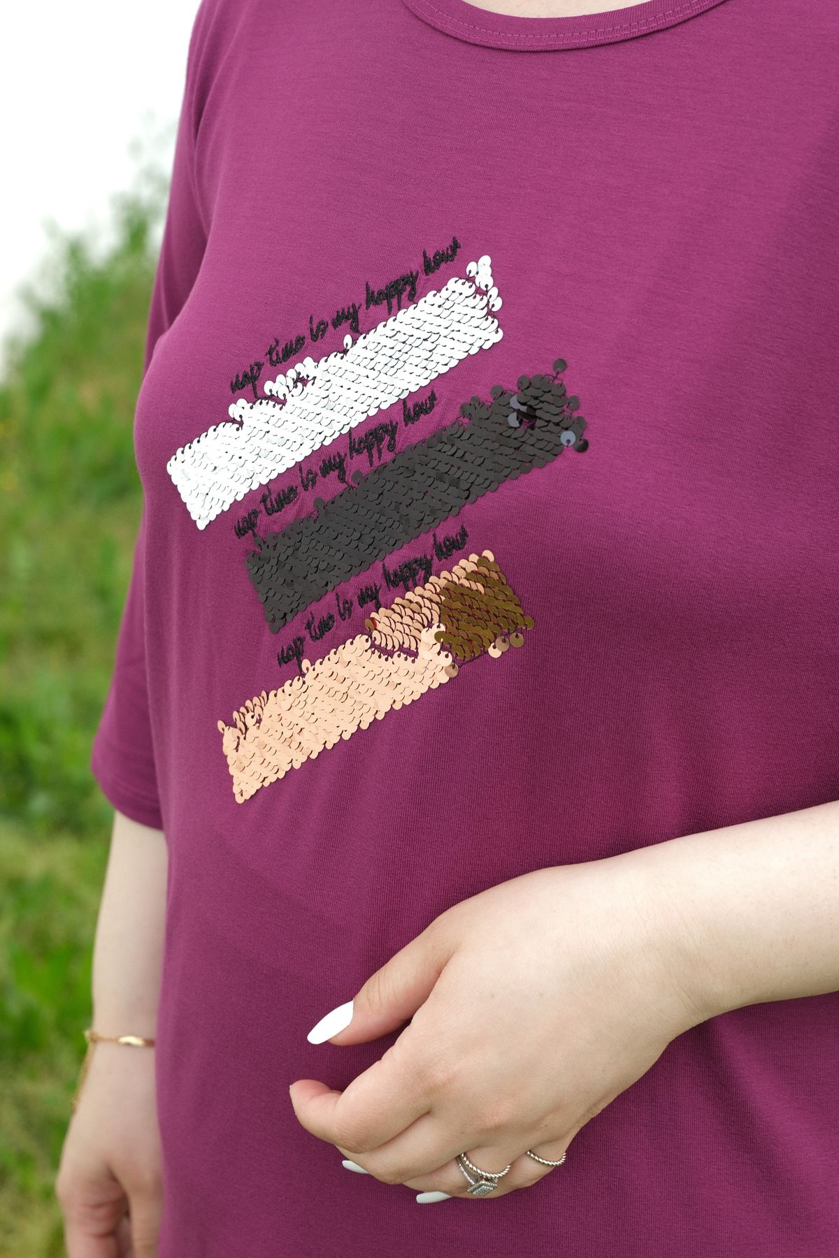 RENKTE BÜYÜK BEDEN ÇAPRAZ PULLU KAPRİ KOL MOR BLUZ