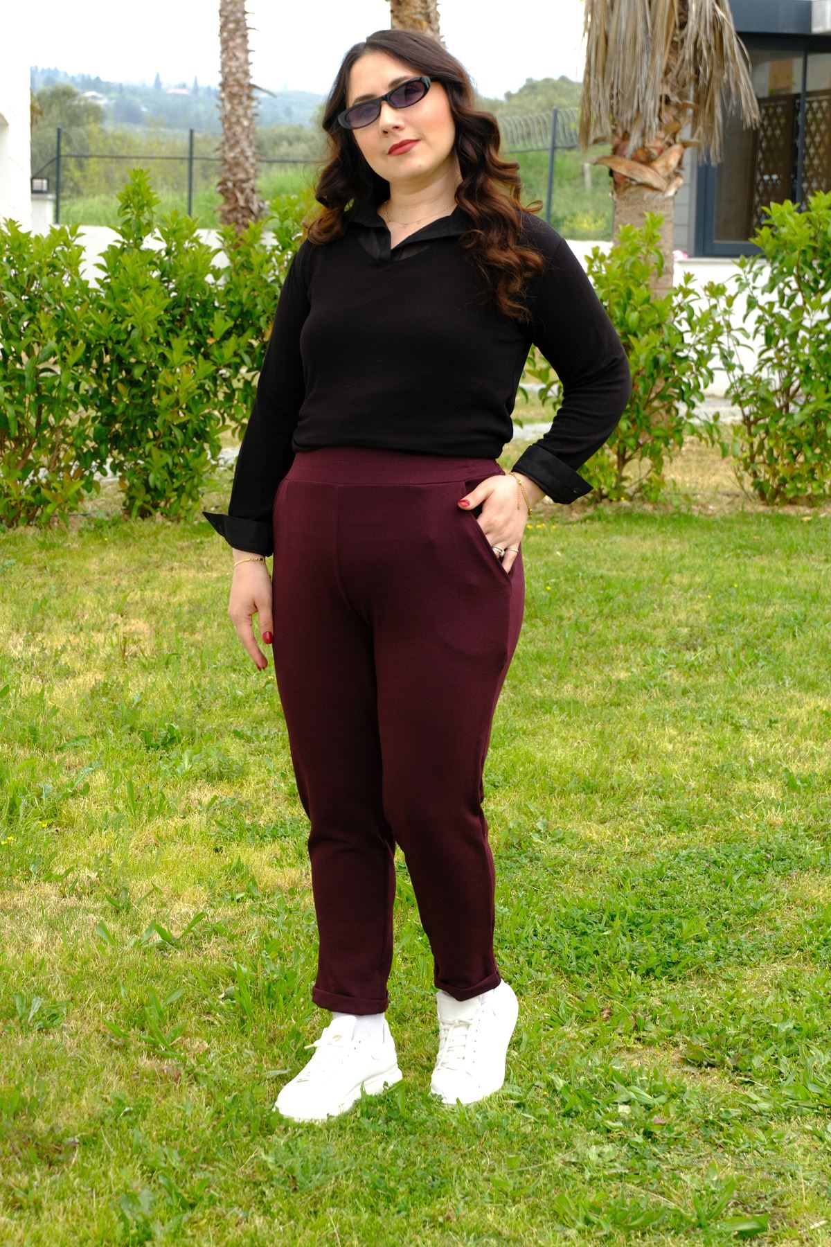 RENKTE DUBLE PAÇA CEPLİ VİŞNE ESNEK PANTOLON